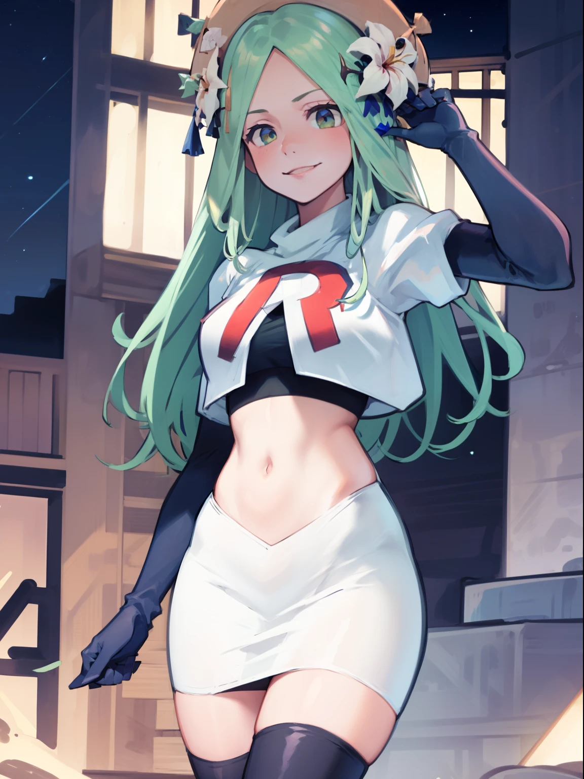 defRhea, headdress, hair flower, team rocket uniform, red letter R, white skirt,white crop top,black thigh-high boots, black elbow gloves, evil smile, looking at viewer, cowboy shot, night sky background