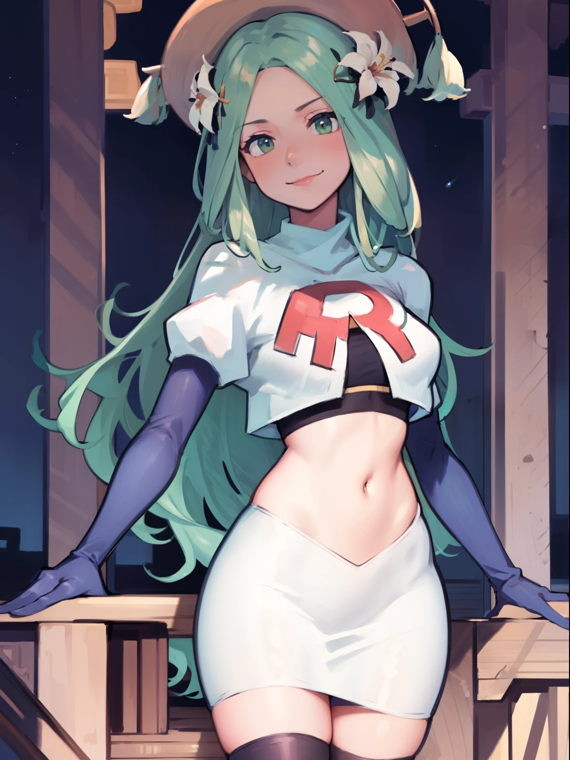 defRhea, headdress, hair flower, team rocket uniform, red letter R, white skirt,white crop top,black thigh-high boots, black elbow gloves, evil smile, looking at viewer, cowboy shot, night sky background