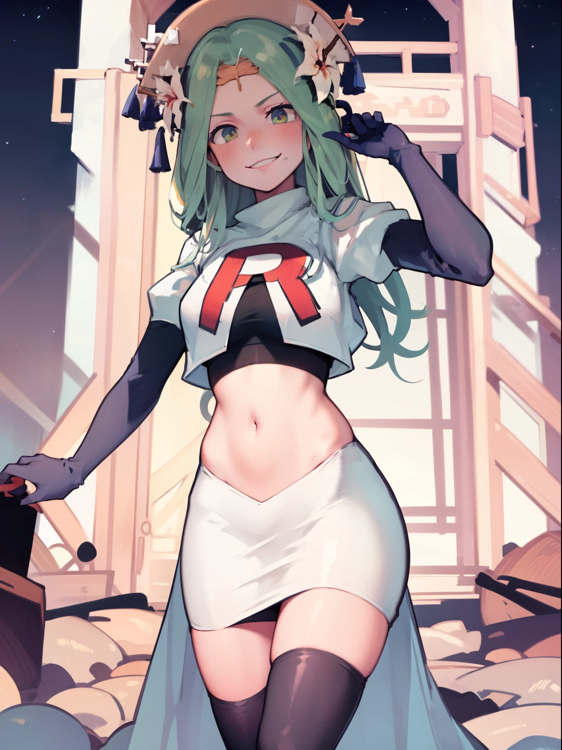 defRhea, headdress, hair flower, team rocket uniform, red letter R, white skirt,white crop top,black thigh-high boots, black elbow gloves, evil smile, looking at viewer, cowboy shot, night sky background