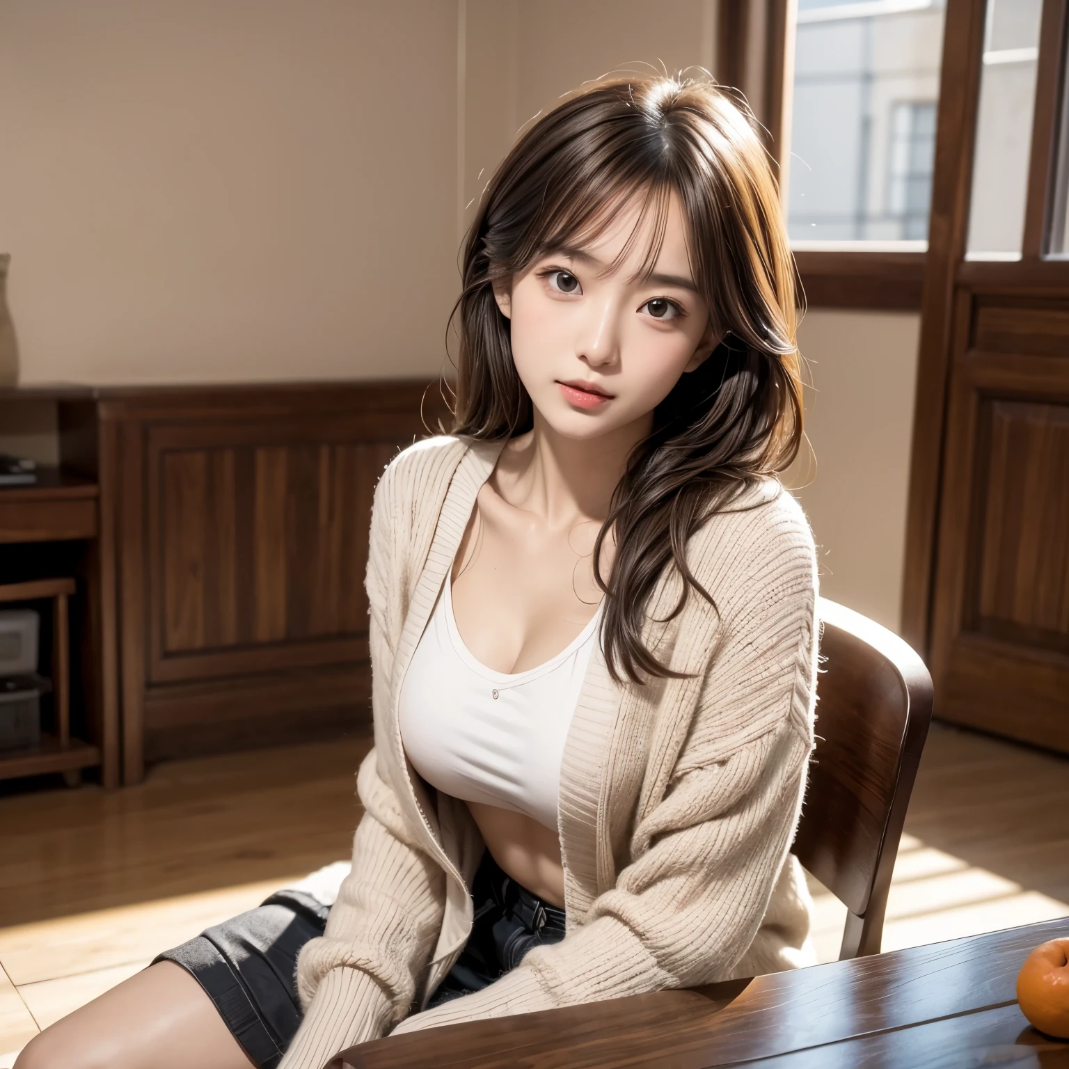 ((of the highest quality, 8K, masutepiece: 1.3, Raw photo)), Sharp Focus: 1.2, (1 AESPA Girl :1.1), Solo, (Realistic, Photorealistic: 1.37), (Face Focus: 1.1), Cute face, hyperdetailed face, short messy hair, Small Smile, small breasts, flat chest, (camisole, chiffon skirt: 1.1), (Sitting with one knee up: 1.3), office room, (show panties), from below, flower, dahlia