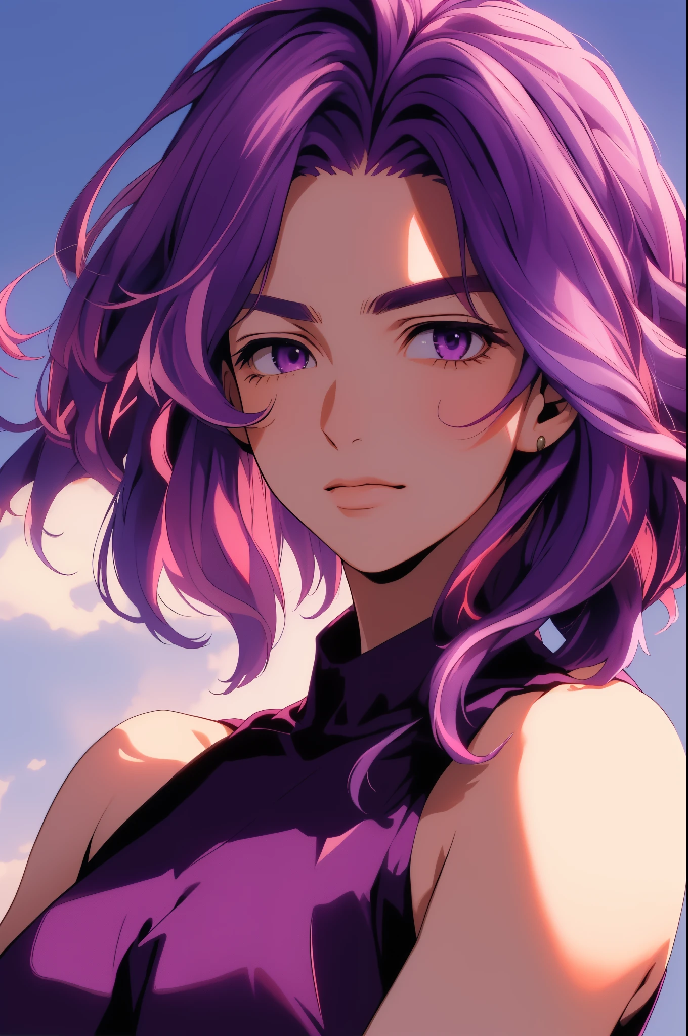 scan, (extremely detailed CG unity 8k wallpaper:1.1), highres, (1girl), lady nagant, boku no hero academia, (purple hair), (multicolored hair), (purple eyereasts, upper body, purple dress, sleeveless, streaked hair