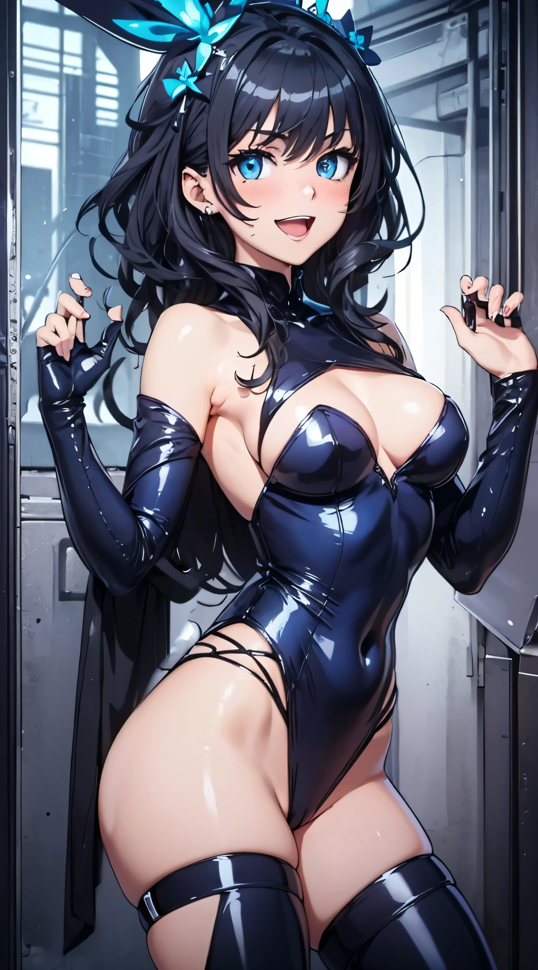 1womanl,Black hair,14years ,(()),Beautiful breasts,(((sexy white and blue shiny bunny suit)))(())(((Blushing cheeks、Smile with open mouth)),(((Satin Narico))),((( portlate))),Crowds,white and blue bunny suit