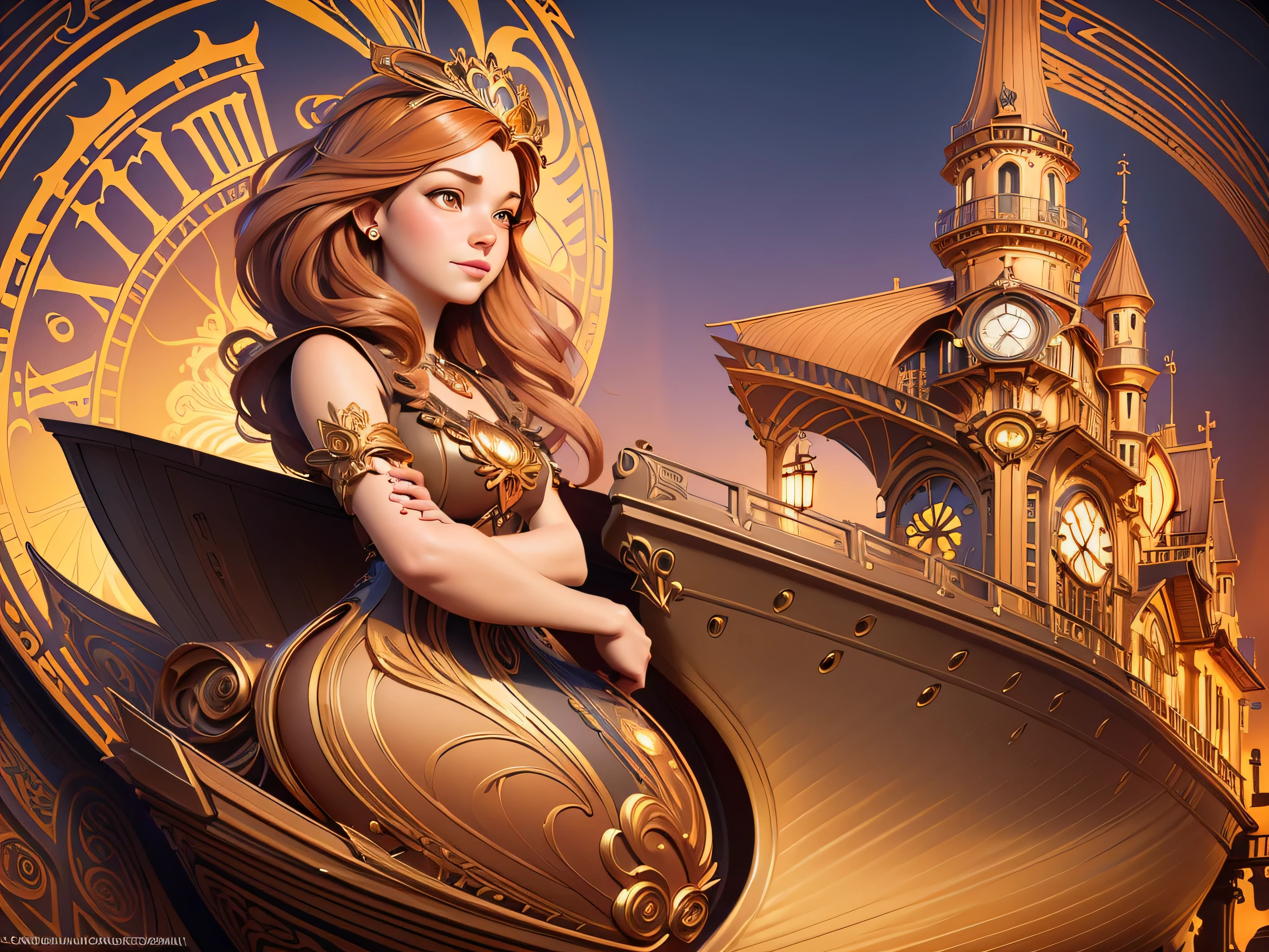 painting of a woman in a dress holding a clock near a boat, michael cheval (unreal engine, stylized digital illustration, cyril rolando and m.w kaluta, cyril rolando and m. w kaluta, realistic fantasy illustration, mucha. art nouveau. gloomhaven, rendered art, stylized  fantasy artwork, detailed painting 4 k