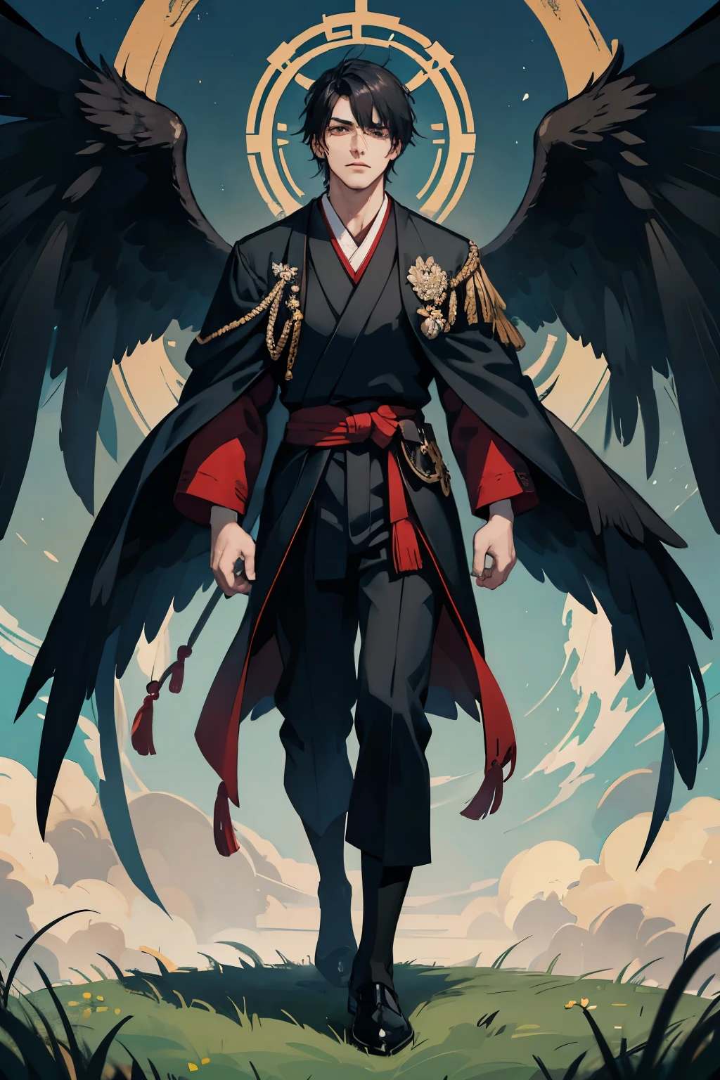 1 male, full body, japanese school uniform, black hair, imposing, black wings, open wings, standing in an open grass field, detailed background, masterpiece, best quality, tall muscular, handsome, finely detailed eyes, intricate details