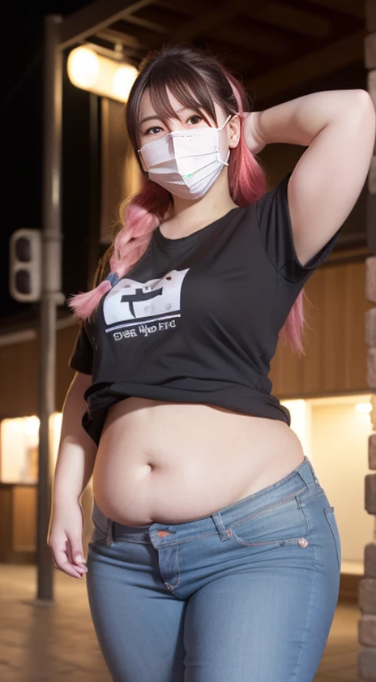 (((nighttime scene)))，Neon lights illuminate the streets。16 year old busty beautiful girl，(((Large black T-shirt))),(((Pink slim fit jeans)))，ssmile，Relaxed and pleasant。Fat plus size model，(((White Vietnamese ))),((Red long-haired，African dirty braids))，(((mouth mask))),Reveal beautiful curves。Wrapped feeling，(((The figure is bumpy)))，with a round face，skylines，(((The belly is round and cute))))，Weigh more than 200 poundeautiful and bright colors，Three-dimensional。(((Full body))),(Meticulous depiction)，(Natural and vivid)，Highlight the cuteness and charm of big fat girls，It's a reverie。Soft and plump belly ，very sexy outfit，Precise anatomy，Charming curves，（Toned Thighat）， （muscular thighs），Realistic CG rendering。((portrait photo of an))，(((Unique perspective)))，Strong shock，Super detail，Insane finesse，cinmatic lighting，Studio quality，k hd，dingdall effect，photorealestic，Delicate skin，（8k， RAW photos ，tmasterpiece：1.2）
