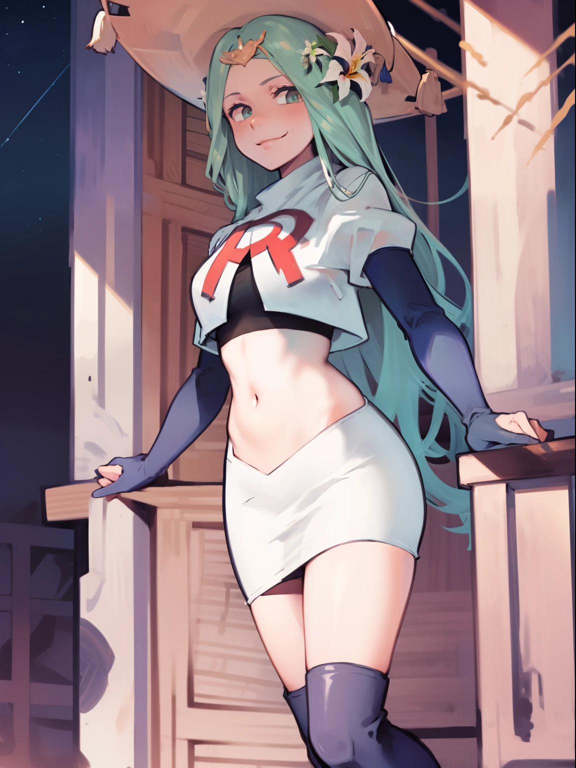 defRhea, headdress, hair flower, team rocket uniform, red letter R, white skirt,white crop top,black thigh-high boots, black elbow gloves, evil smile, looking at viewer, cowboy shot, night sky background