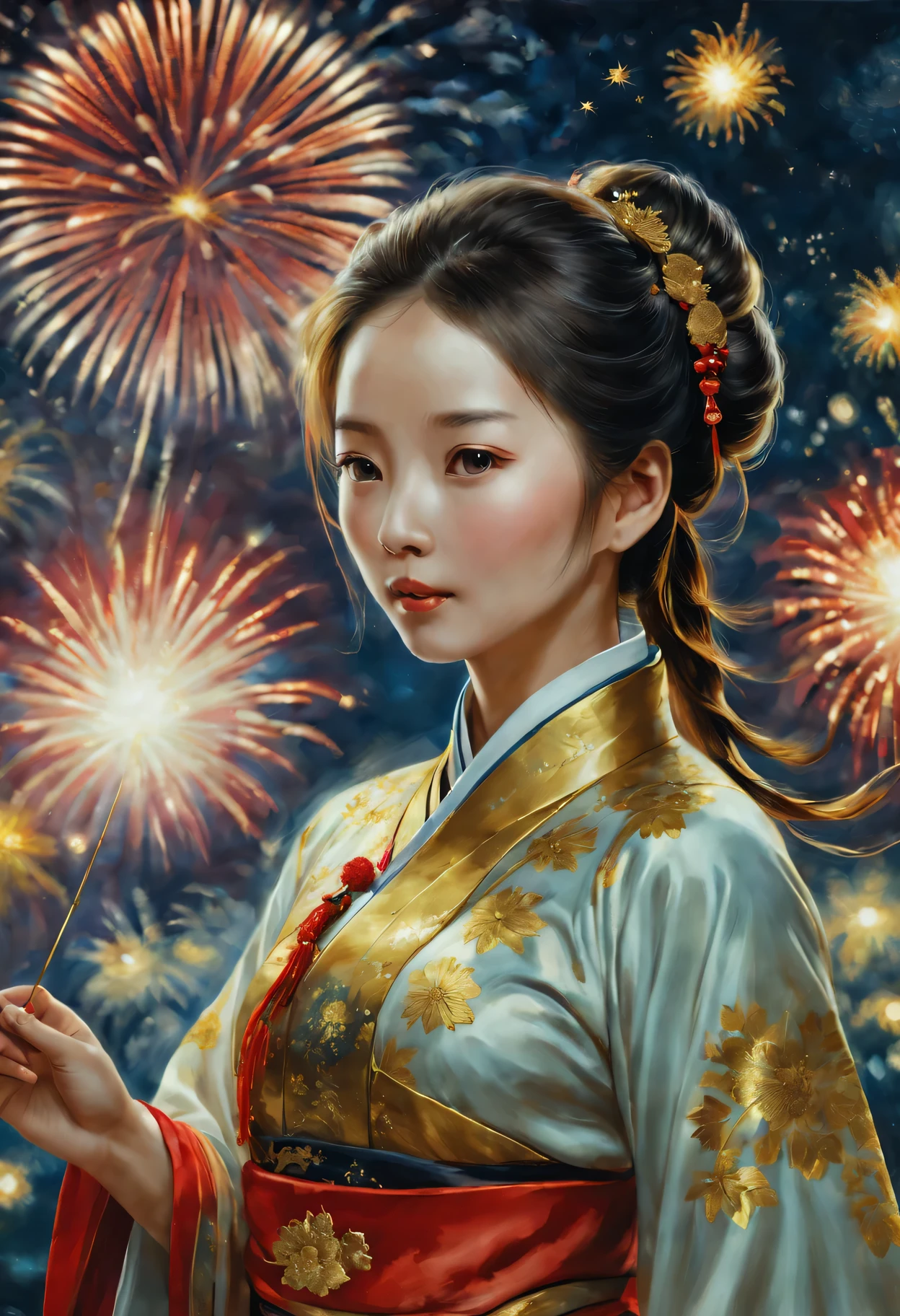 oil painted:(one-girl,TRADITIONAL CHINESE COSTUMES:1.2,springtime dress,red tint,Gold thread decoration:1.1),springtime,fireworks in the night sky,(Best quality at best,4K,A high resolution,tmasterpiece:1.2),ultra - detailed,(actual,photoactual,photo-actual:1.37)