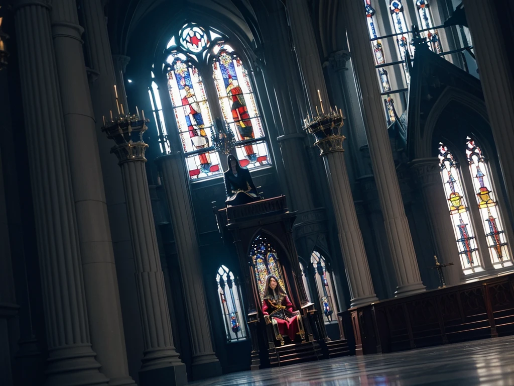 from side, from below | low angle, dutch angle, throne room, stained-glass window at the back, tall archways, raised throne on raised platform, throne on dais, lightrays coming through the windows, eerie queen sitting regally with a blade resting on her lap