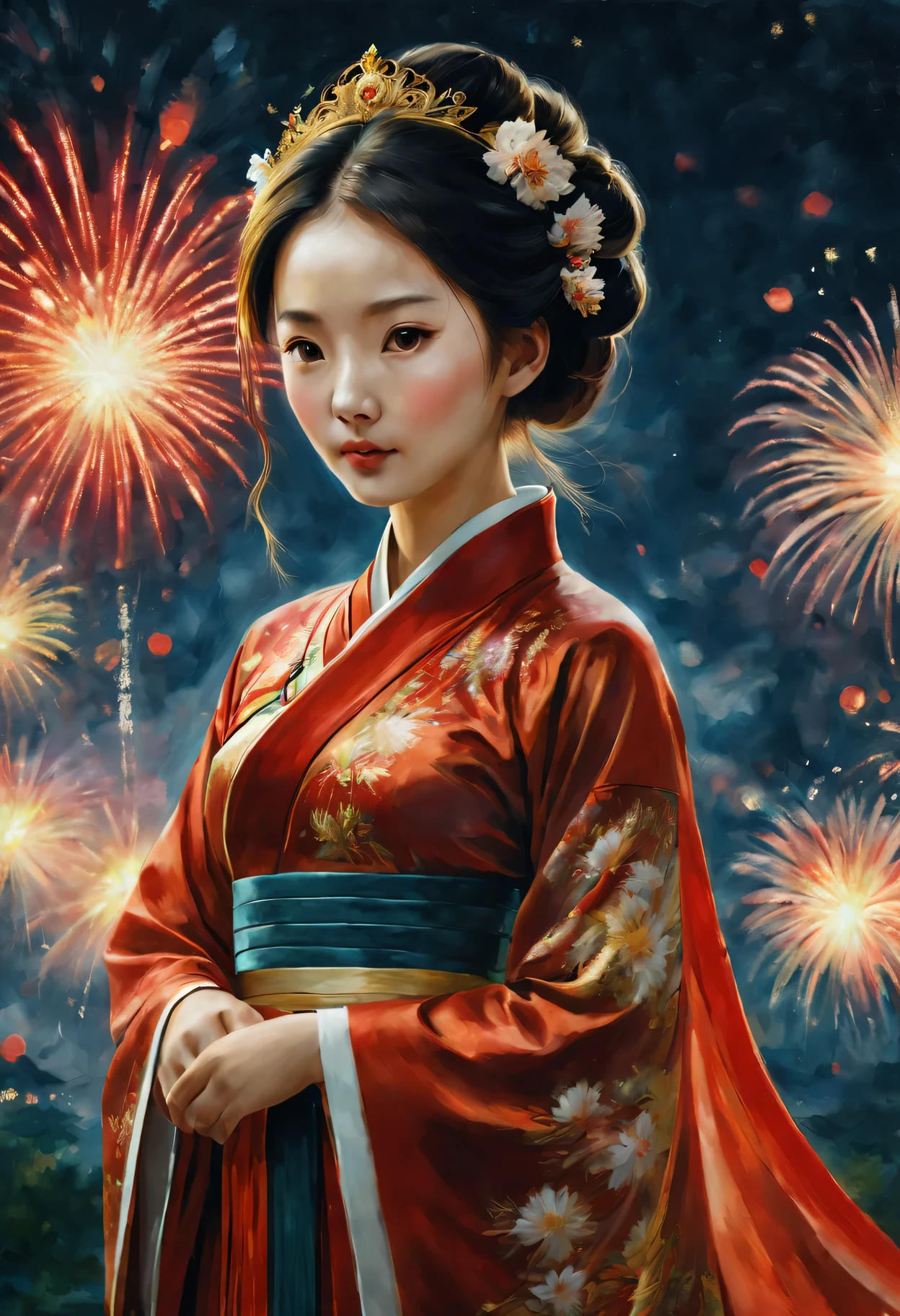 oil painted:(one-girl,TRADITIONAL CHINESE COSTUMES:1.2,springtime dress,red tint,Gold thread decoration:1.1),springtime,fireworks in the night sky,(Best quality at best,4K,A high resolution,tmasterpiece:1.2),ultra - detailed,(actual,photoactual,photo-actual:1.37)