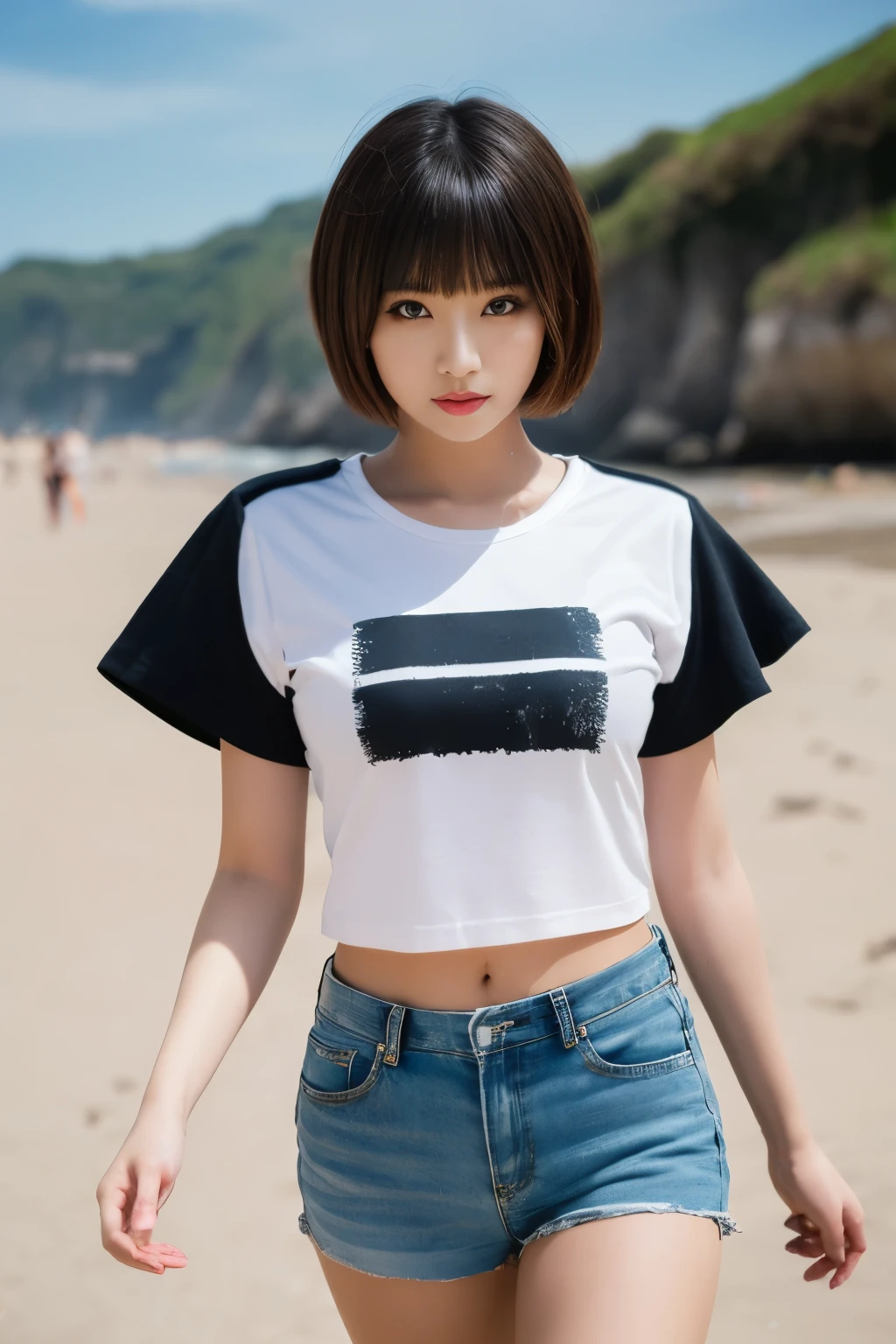 a photo of 1girl, Shorthair, Wearing a stylish T-shirt, shortpants, (overdo wing eyeliner makeup), Walking on the beach, Beautiful eyes, Perfect hands, nice and thin fingers, curvaceous hips, thick glutes, Super detailed skin BREAK top quality, Deep Shadows, 8K, Digital SLR, Kodak Ektal 100, FUJI XT3, F4, 1/800s, ISO 100, raw