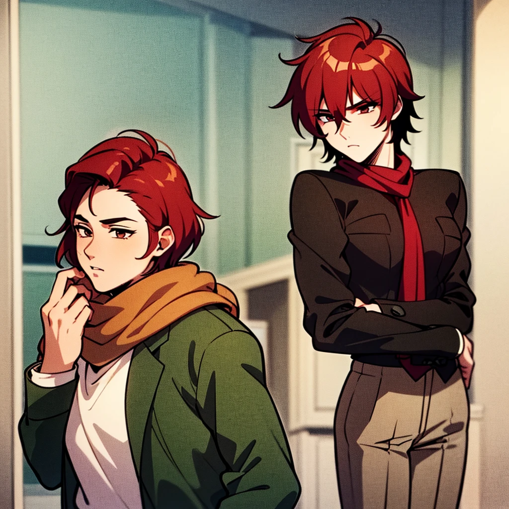 ((best quality)), ((masterpiece)), (circulated), perfect face, femboy, transvestite, red hair, olive skin, brown eyes, cold clothes, no breasts, scarf, extremely short hair, boy, male, trans, ((male)), ((man)), ((masculine)), ((Femboy)), ((feminine)), ((transvestite))