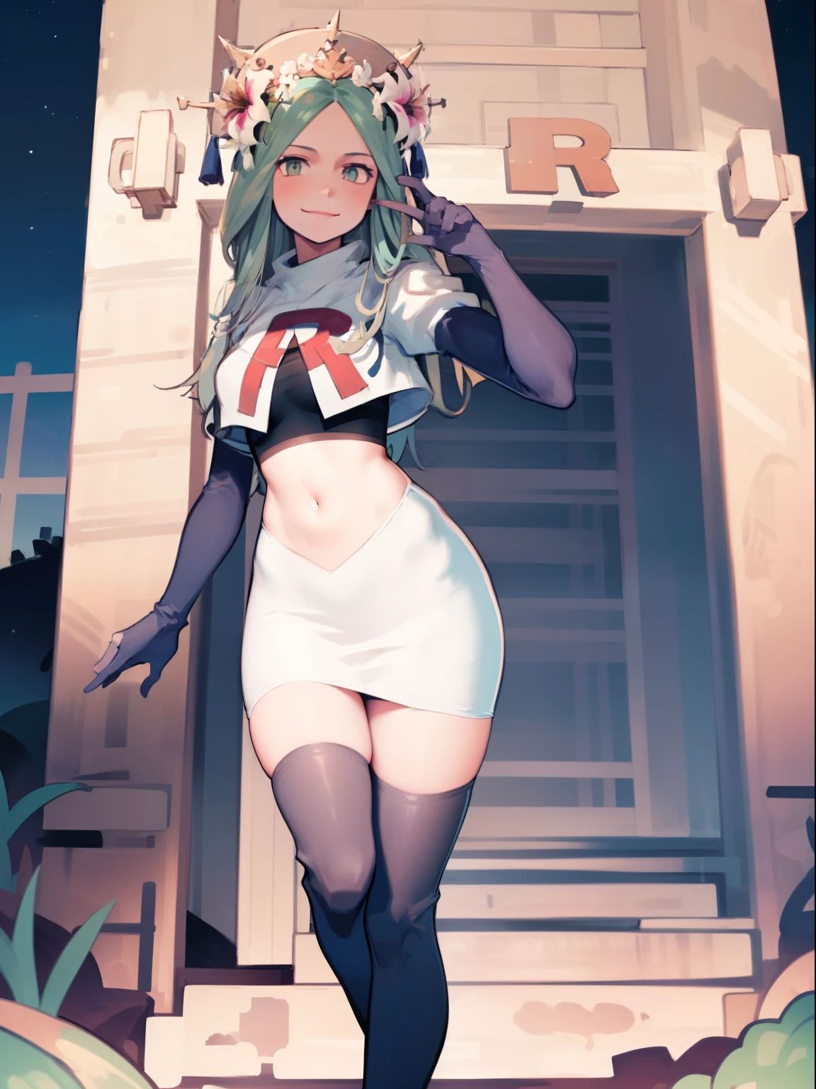 defRhea, headdress, hair flower, team rocket uniform, red letter R, white skirt,white crop top,black thigh-high boots, black elbow gloves, evil smile, looking at viewer, cowboy shot, night sky background