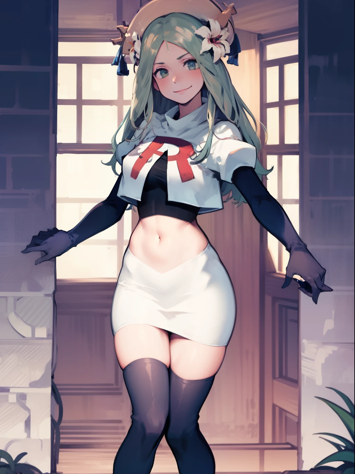 defRhea, headdress, hair flower, team rocket uniform, red letter R, white skirt,white crop top,black thigh-high boots, black elbow gloves, evil smile, looking at viewer, cowboy shot, night sky background