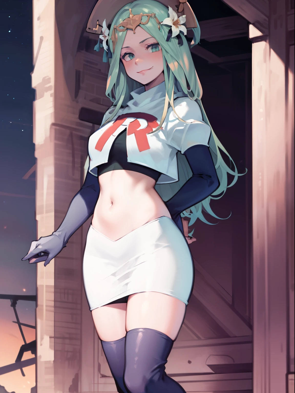 defRhea, headdress, hair flower, team rocket uniform, red letter R, white skirt,white crop top,black thigh-high boots, black elbow gloves, evil smile, looking at viewer, cowboy shot, night sky background