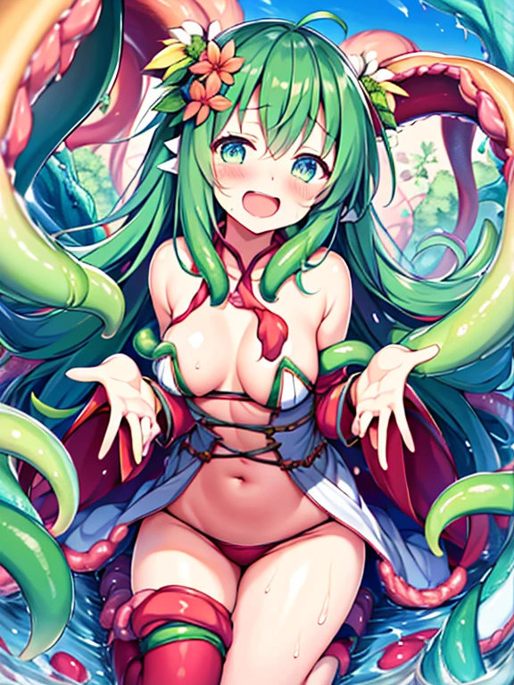 plant tentacraig flower monster　少女がTentacles of plantsに絡まる　a girl is floating in the air　Crumpled face　crying a lot in the forest　Bound hands and feet　Tentacles are wandering around my crotch　Tentacles of plants 　Body is wet　M-shaped legs