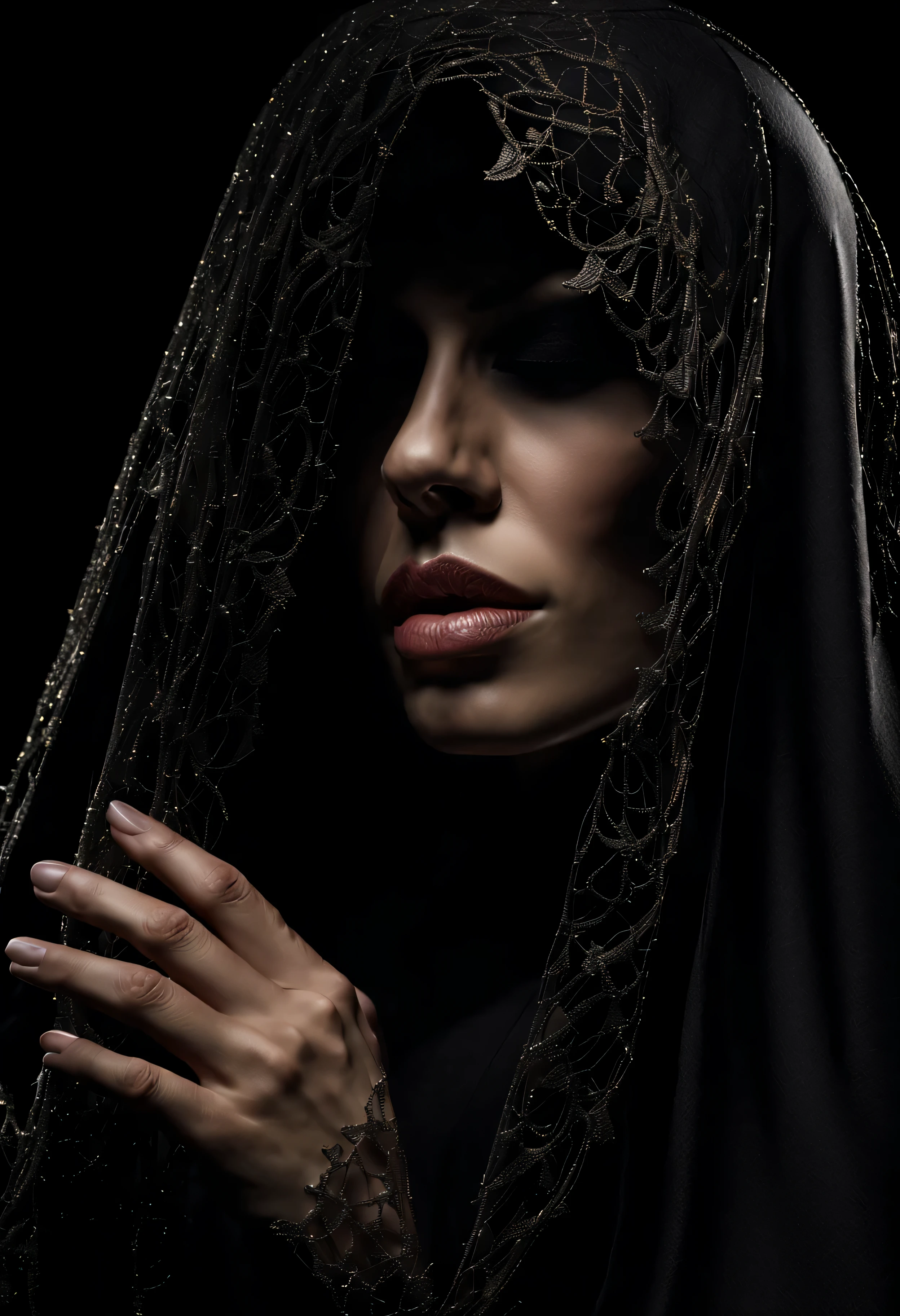 uma mulher em um fundo preto, She is wearing a black veil that covers her entire body and only her mouth is left out. ((corpo inteiro):1.5). 16k, UHD, best possible quality, ultra detalhado, best possible resolution, Motor Unreal 5, fotografia profissional, Dedos bem detalhados, Very detailed hand, perfeito_Hands