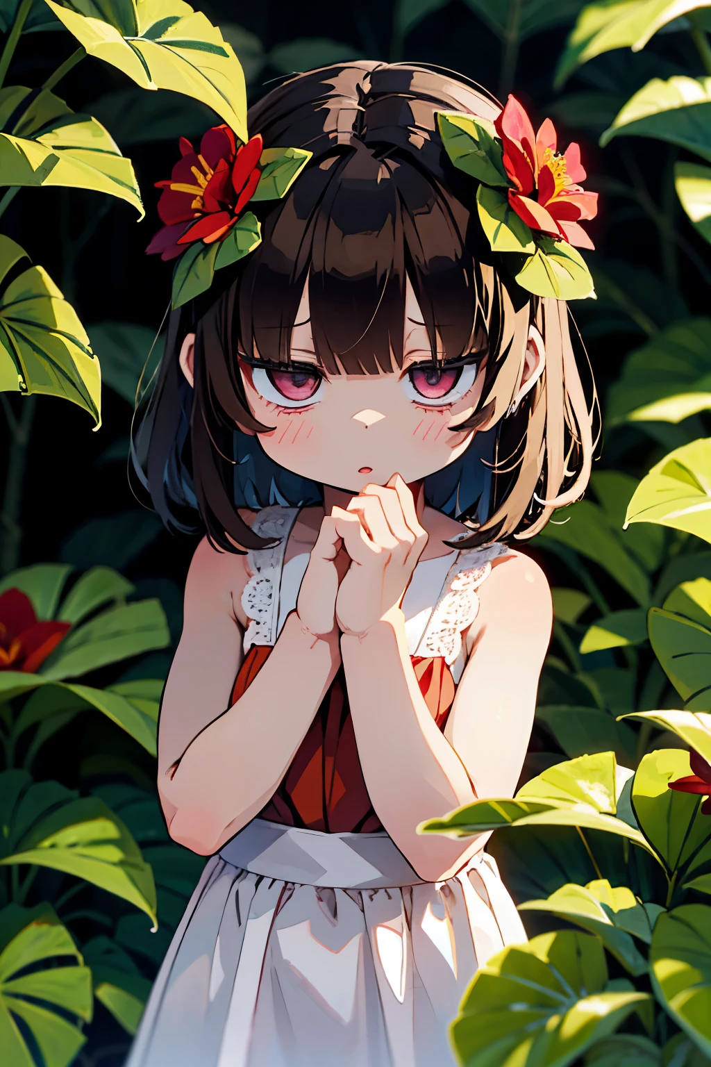 Girl surrounded by beautiful begonia flowers, Soft lighting, And a dreamy atmosphere. Best Quality, A masterpiece of high resolution:1.2, With ultra-detailed and realistic elements. The girl has charming detailed eyes, seductive lips, and long eyelashes. Pairs well with brightly colored begonia flowers.、wearing flowing dress。. The garden is filled with various pink colors, Red, and green. Begonia petals are delicate, Velvety texture. Sunlight passes through the leaves, emit a magical glow. The overall scene exudes tranquility and beauty, Capturing the fleeting charm of begonia flowers.