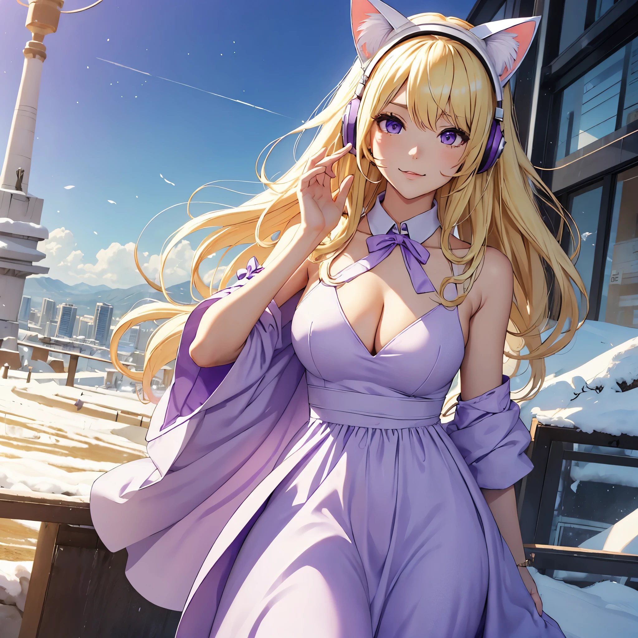 (((cat girl))), (((White Headphone))), (((Blonde))), (((Korean))), (((Tall))), (((Slender))), (((purple dress))), cleavage, (((Beautiful face))), winter, (((panoramic view))), (((anime))), (((pastel))), (((hide hands))) (((Hide Fingers)))