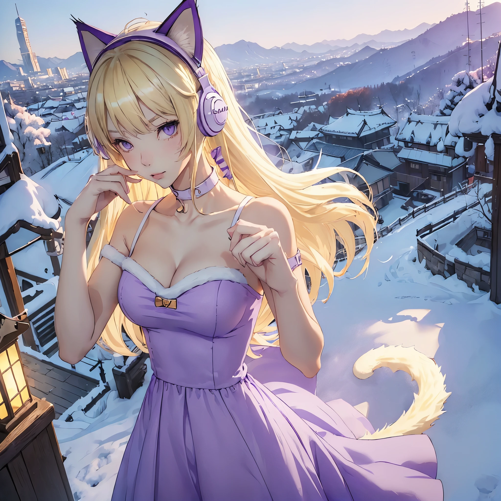 (((cat girl))), (((White Headphone))), (((Blonde))), (((Korean))), (((Tall))), (((Slender))), (((purple dress))), cleavage, (((Beautiful face))), winter, (((panoramic view))), (((anime))), (((pastel))), (((hide hands))) (((Hide Fingers)))