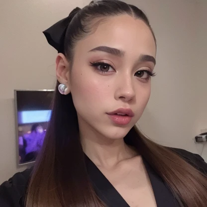 shaved woman with long hair wearing a black blouse and bow, Retrato de Ariana Grande, Ariana Grande, ariana grande as a sith, Nice Poarch, Cl, cabelo em rabo de cavalo baixo liso, Ariana Grande em Star Wars, taken in the early 2020s, Ariana Grande Fotografia, olhando para o lado, Pokimane, Pintura de Ariana Grande