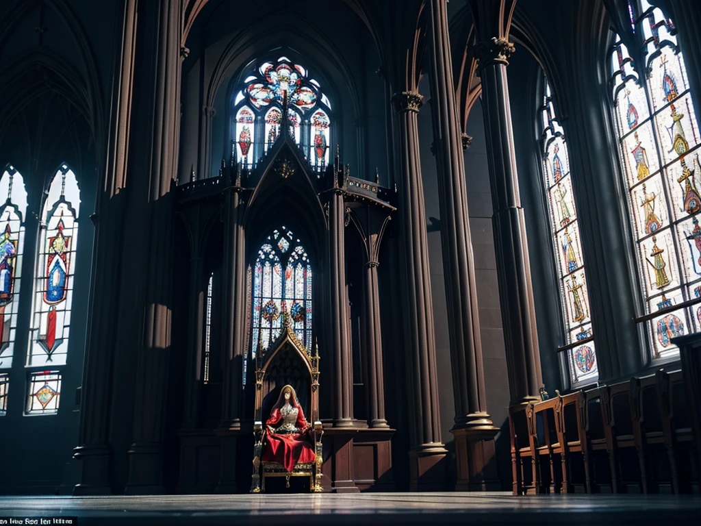 from side, from below | low angle, dutch angle, throne room, stained-glass window at the back, tall archways, raised throne on raised platform, throne on dais, lightrays coming through the windows, eerie queen sitting regally with a blade resting on her lap
