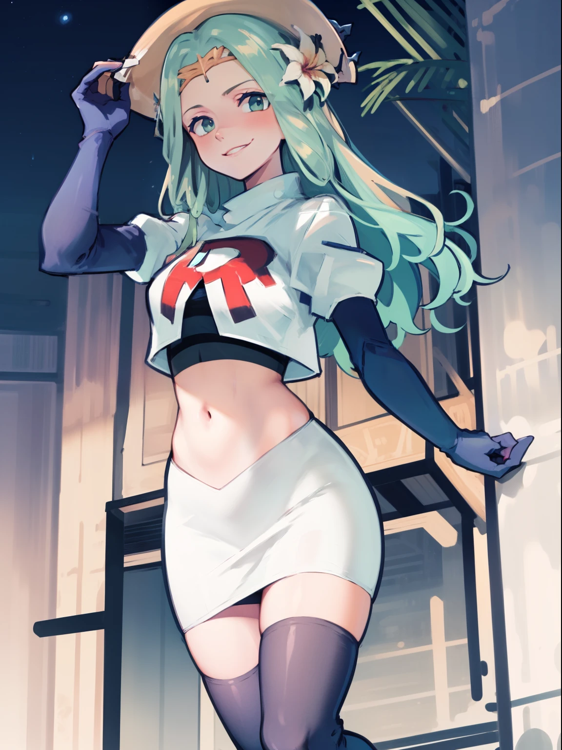 defRhea, headdress, hair flower, team rocket uniform, red letter R, white skirt,white crop top,black thigh-high boots, black elbow gloves, evil smile, looking at viewer, cowboy shot, night sky background