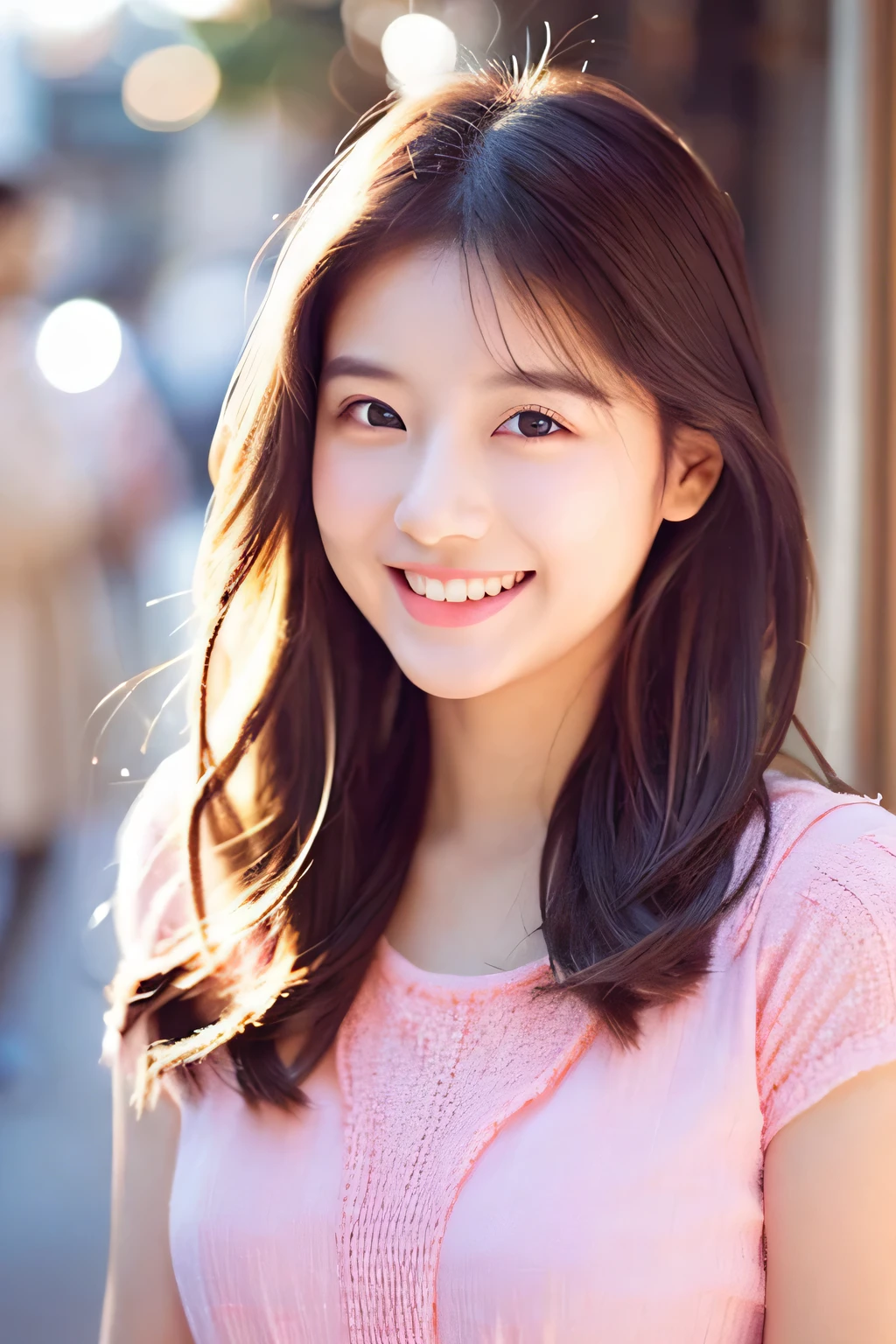 「Cute and cuddly beauty」、1 persons、A smile、Bright eye、Soft look、Soft hair、Light shades、20yr old、Optimistic personality、Pop Fashion、Wearing a pink ruffled dress。