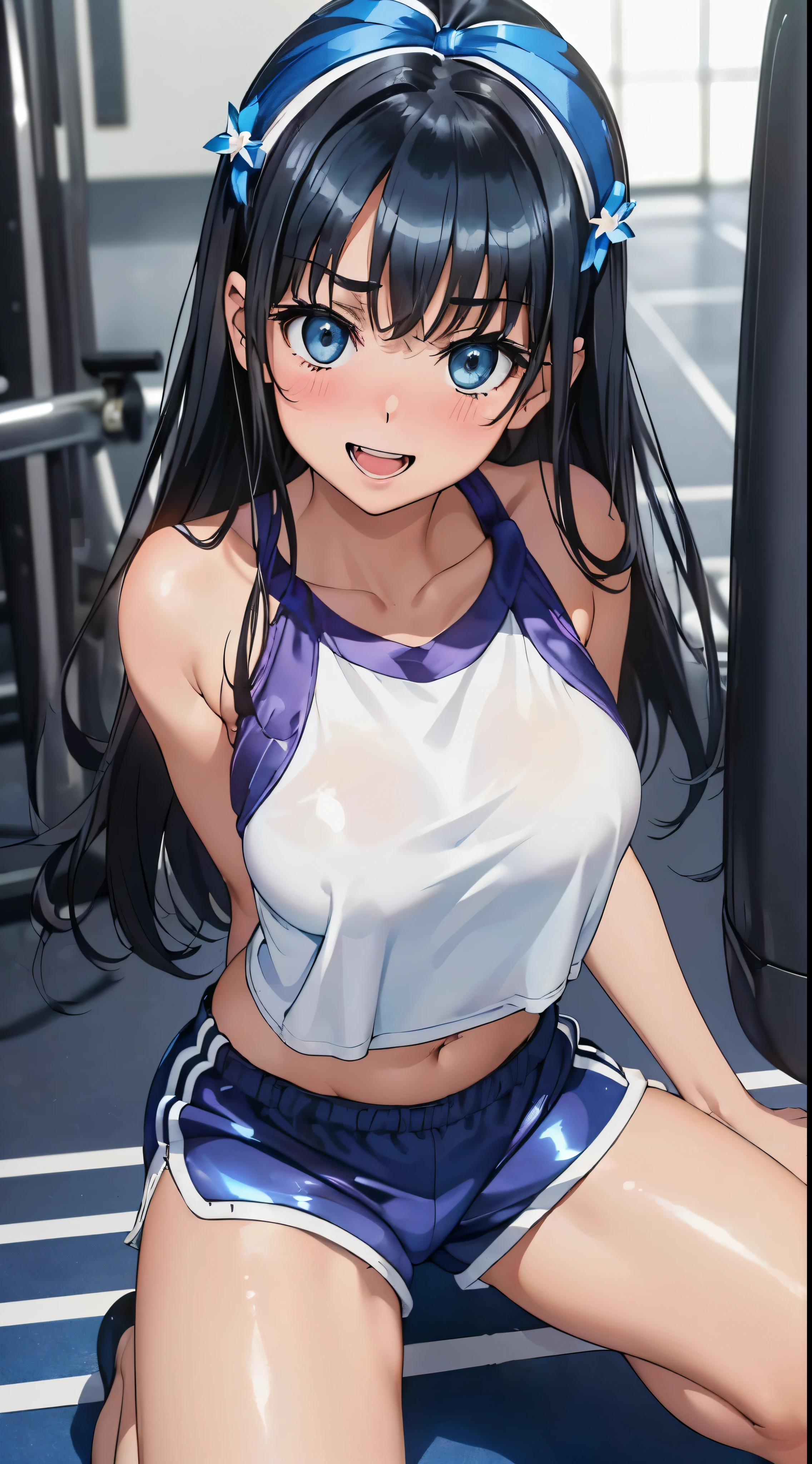 1womanl,Black hair,14years ,(()),Beautiful breasts,(((Sexy white and blue shiny gym clothes and shorts)))(())(((Blushing cheeks、Smile with open mouth)),(((Satin Narico))),((( portlate))),Crowds,Shiny white and blue gym clothes and shorts,crouching down,