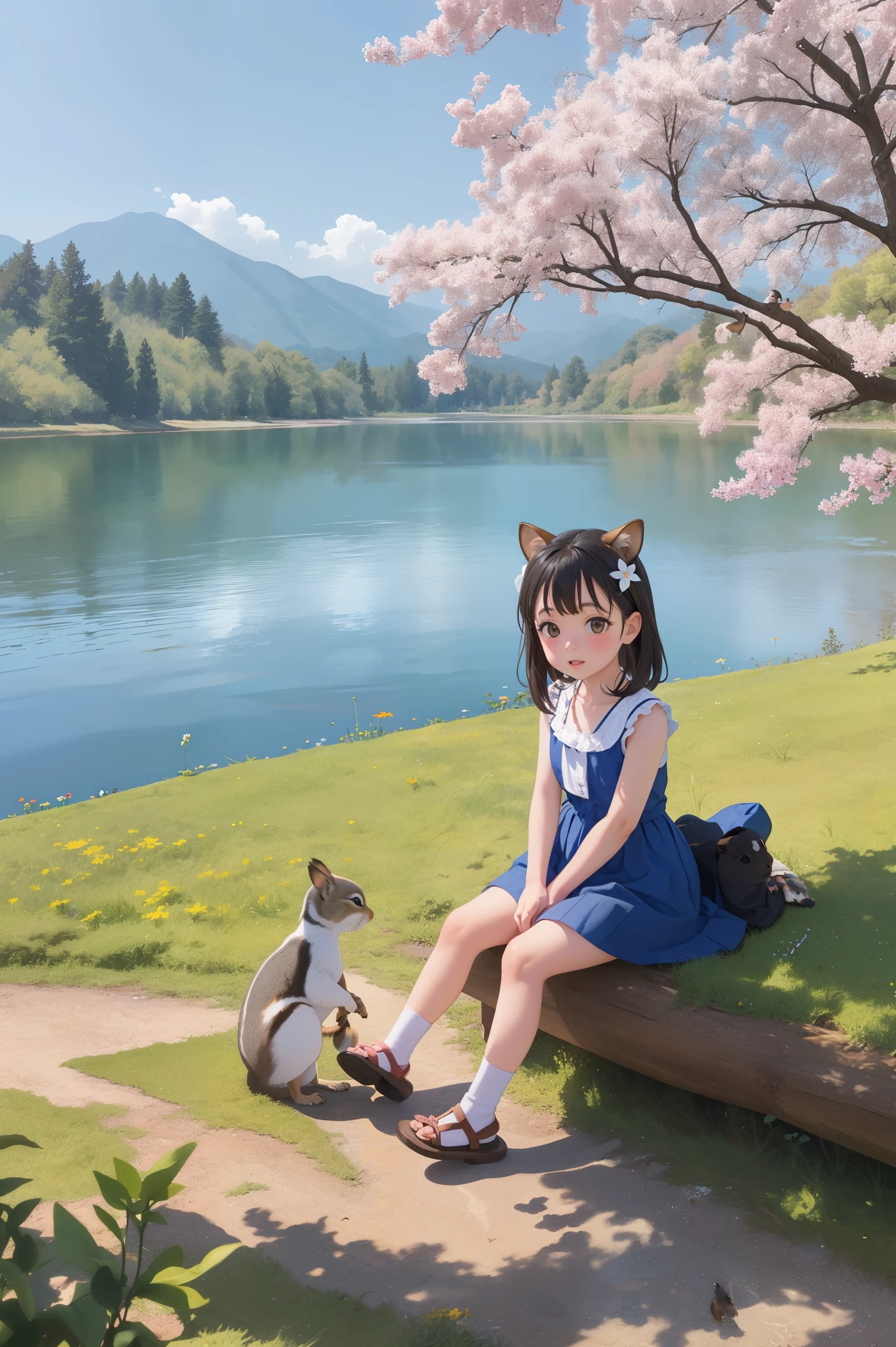 little girl by the lake, Squirrels playing under the tree, wildflowers, Toyama, Blue sky.