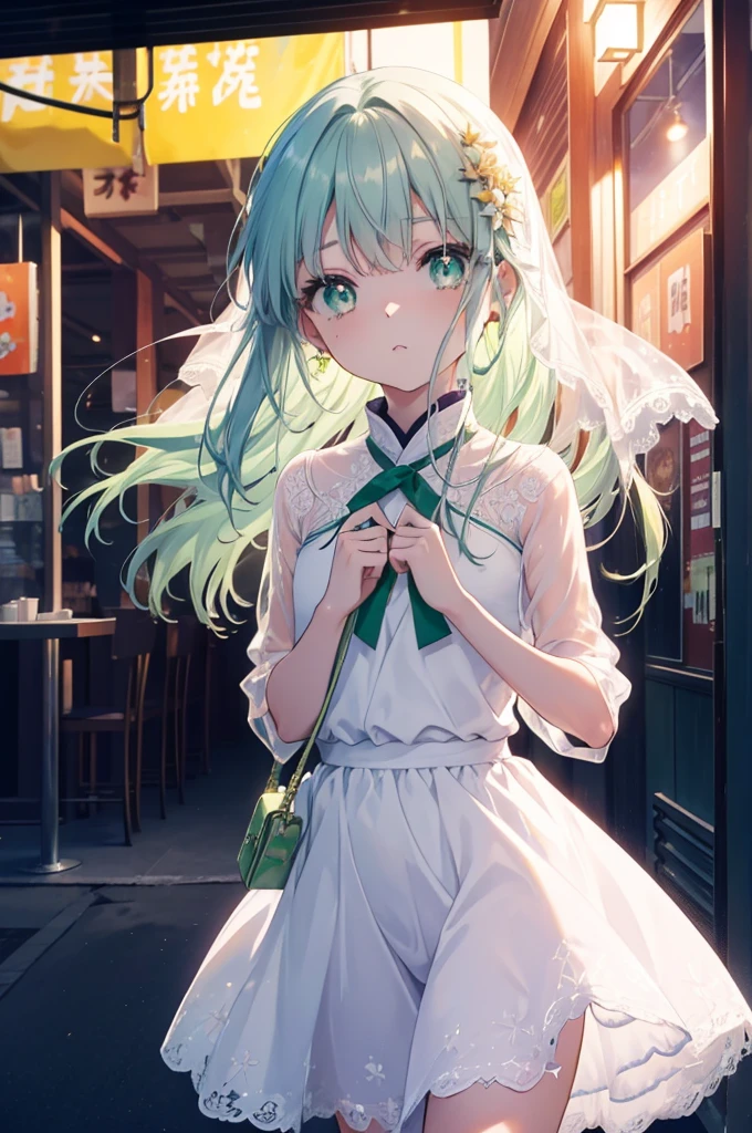 index, index, (Green eyes:1.5), Blue hair, Long hair, (flat chest:1.2),Upper body,Floral hair ornament， fullllbody,Romper，white furisode，a miniskirt，Zouri，Girl eating food，at a table，restaurant open terrace，the sun starts to rise，Sunrise，Happy atmosphere，幸せそう
Romper (masutepiece:1.2), Best Quality, High resolution, Unity 8k壁纸, (Illustration:0.8), (Beautiful detailed eyes:1.6), extra detailed face, Perfect Lighting, extremely details CG, (Perfect hands, Perfect Anatomy),