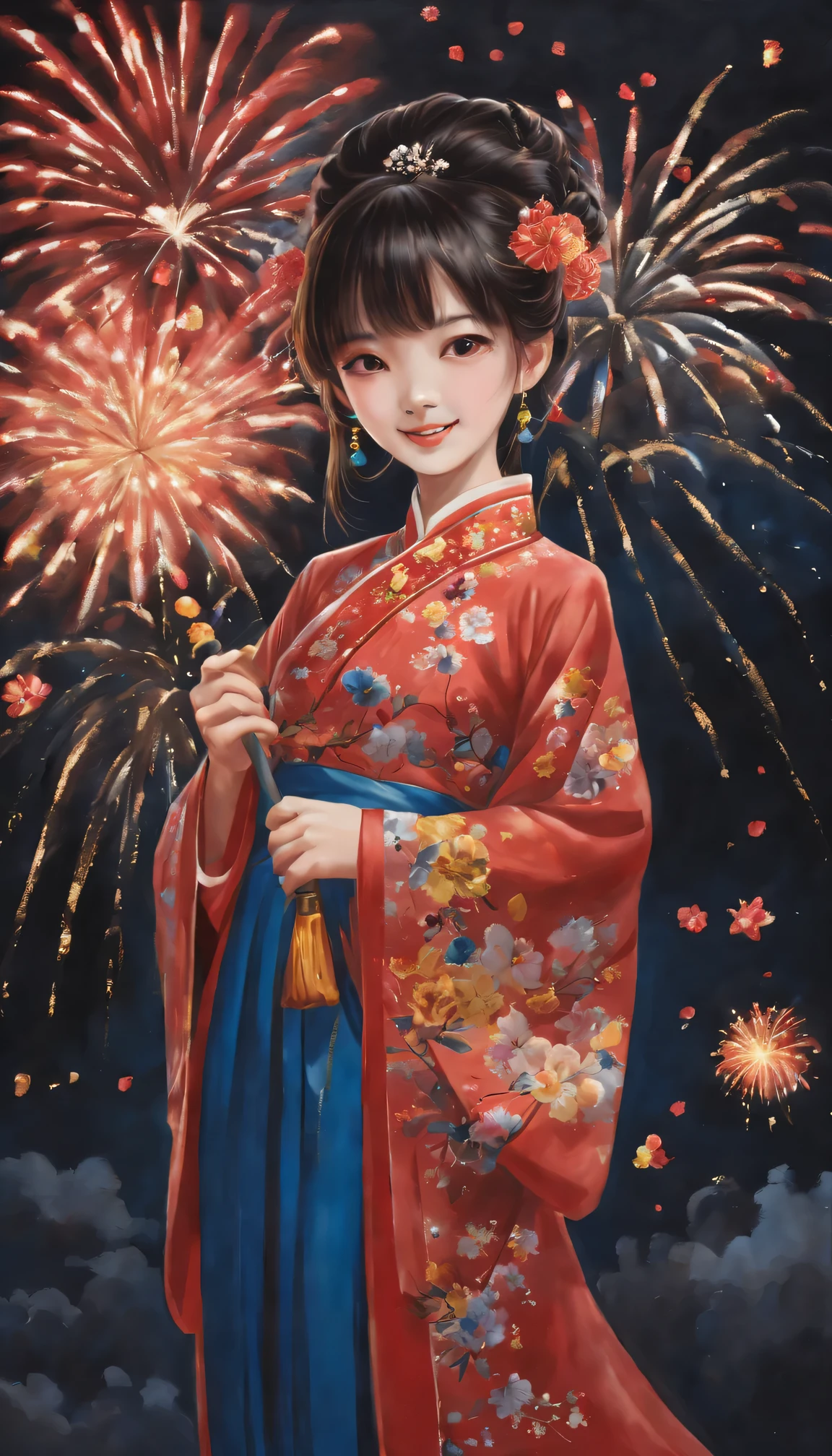 oil painted:(one-girl,ssmile,TRADITIONAL CHINESE COSTUMES:1.2,springtime dress,red tint,Gold thread decoration:1.1),springtime,fireworks in the night sky,(Best quality at best,tmasterpiece:1.2)