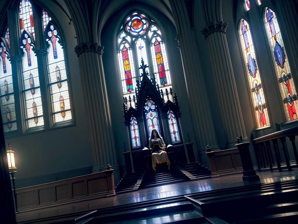from side, from below | low angle, dutch angle, throne room, stained-glass window at the back, tall archways, raised throne on raised platform, throne on dais, lightrays coming through the windows, eerie queen sitting regally with a blade resting on her lap