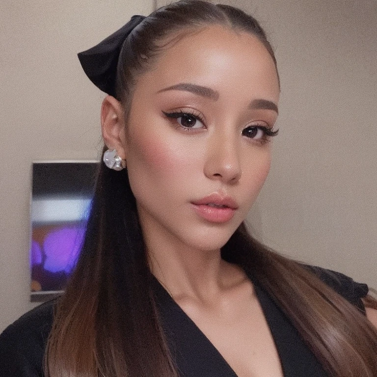 plucked woman with long hair wearing a black blouse and a bow, portrait of Ariana Grande, Ariana Grande, Ariana Grande as a sith, Poarch bonito, Cl, cabelo em rabo de cavalo baixo liso, Ariana Grande in star wars, taken in the early 2020s, Ariana Grande photography, olhando para o lado, Pokimane, painting of Ariana Grande