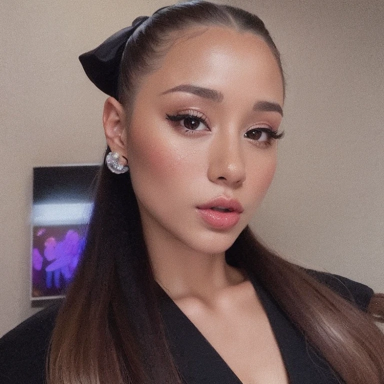 plucked woman with long hair wearing a black blouse and a bow, portrait of Ariana Grande, Ariana Grande, Ariana Grande as a sith, Poarch bonito, Cl, cabelo em rabo de cavalo baixo liso, Ariana Grande in star wars, taken in the early 2020s, Ariana Grande photography, olhando para o lado, Pokimane, painting of Ariana Grande