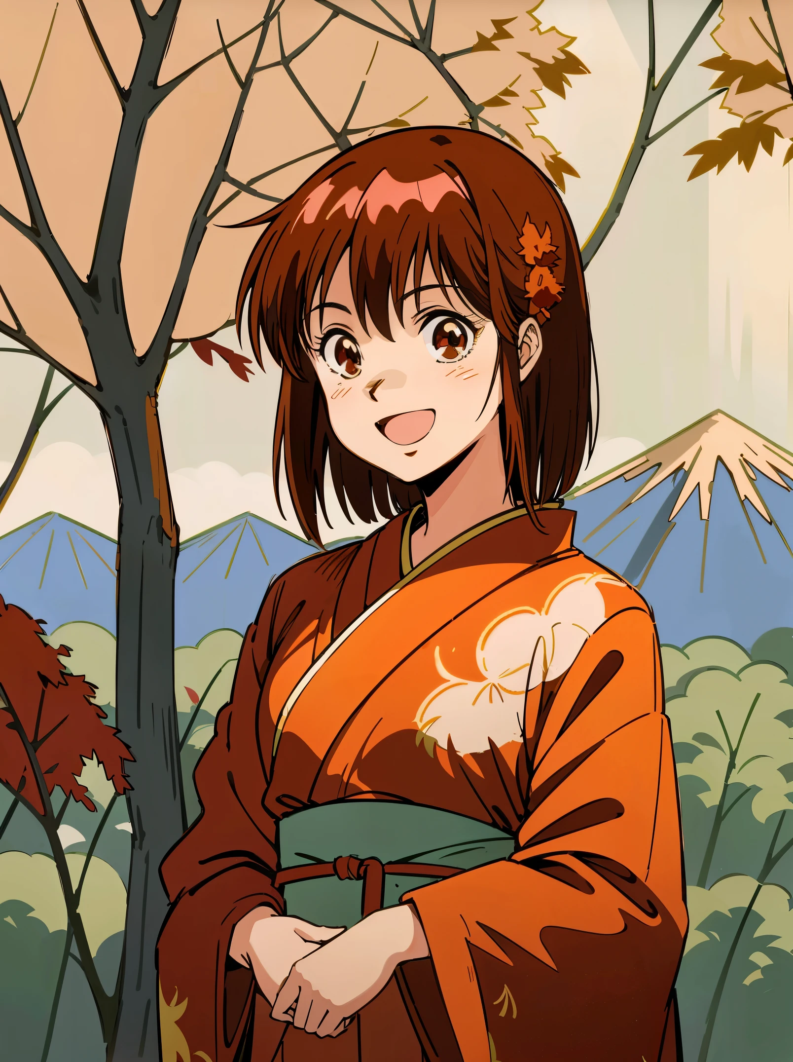 masutepiece,Best Quality,Solo, Looking at Viewer,Smile,Open mouth, Noriko Takaya,1girl in, Medium Hair,Brown hair,the morning sun(mountainscape))(Kyoto in Japan(Colored leaves:1.5)),BREAK ,elaborate costume(Luxury kimono(Colorful kimono(detailed embroidery()))),BREAK,1 masutepiece,Best Quality,Solo, Looking at Viewer,Smile,Open mouth, Noriko Takaya,1girl in, Medium Hair,Brown hair,Brown eyes