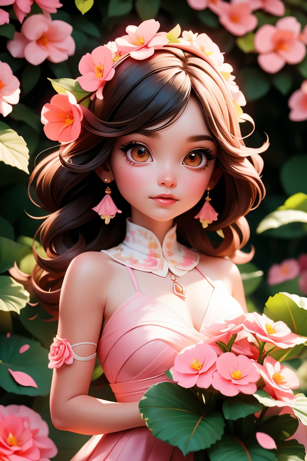 Girl surrounded by beautiful begonia flowers, Soft lighting, And a dreamy atmosphere. Best Quality, A masterpiece of high resolution:1.2, With ultra-detailed and realistic elements. The girl has charming detailed eyes, seductive lips, and long eyelashes. It goes perfectly with the brightly colored begonia flowers....、wearing flowing dress。. The garden is filled with various pink colors, Red, and green. Begonia petals are delicate, Velvety texture. Sunlight passes through the leaves, emit a magical glow. The overall scene exudes tranquility and beauty, Capturing the fleeting charm of begonia flowers.