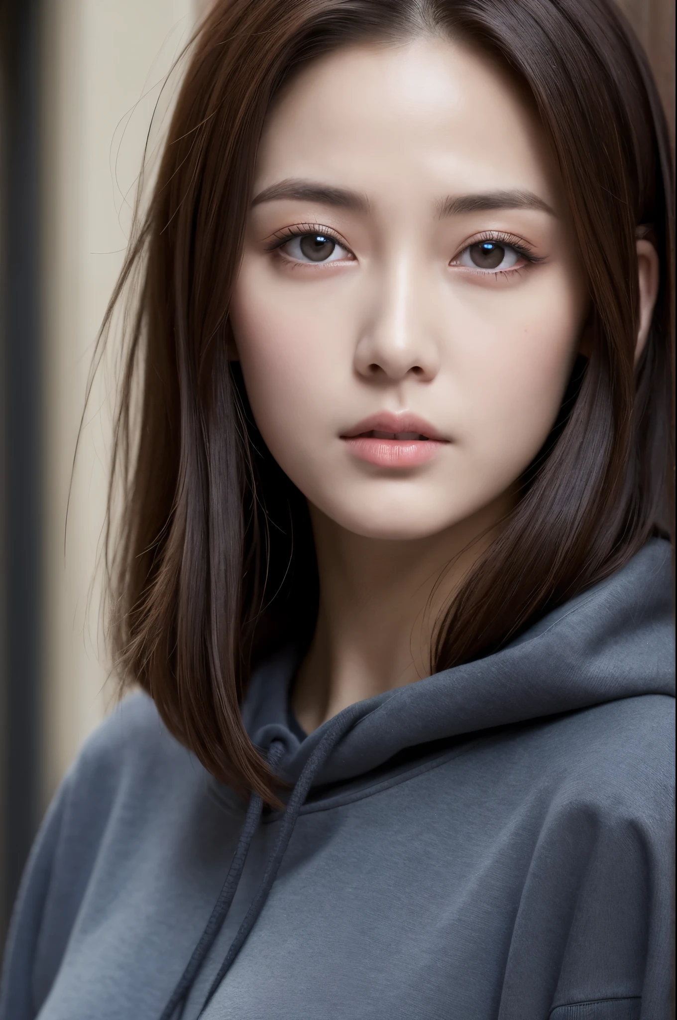 (Best quality, high resolution, masterpiece: 1.3), a beautiful woman, big breasts, slim figure, (short dark brown hair), sweatshirt, beautifully presented details in the street and facial and skin texture, detailed eyes, double eyelids, big eyes