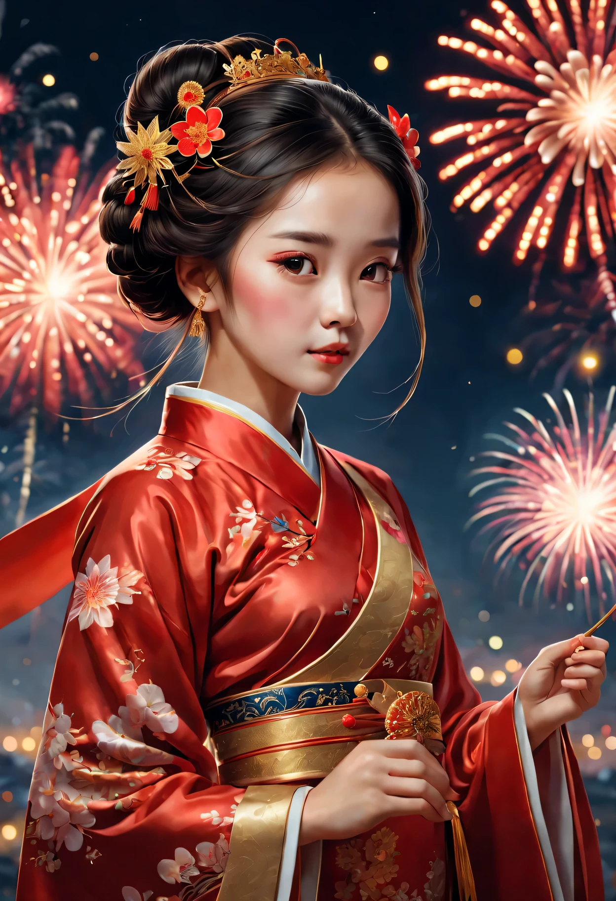 new year 2024，oil painted:（one-girl，TRADITIONAL CHINESE COSTUMES：1.2，springtime dress，red tint，Gold thread decoration：1.1），springtime，fireworks in the night sky，(Best quality at best,4K,A high resolution,tmasterpiece:1.2),