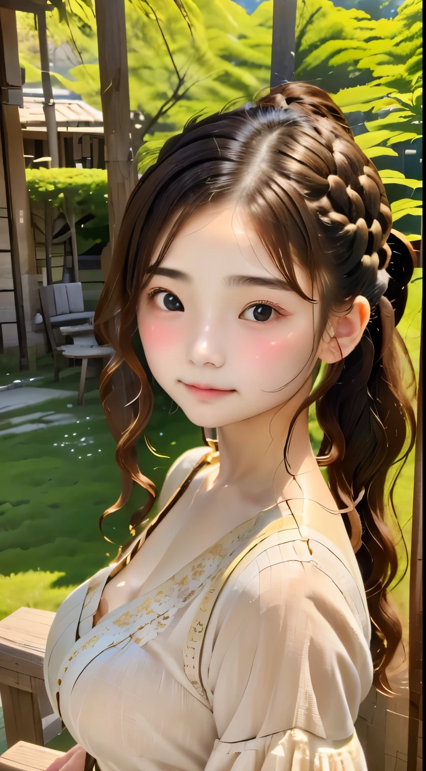 one girls、Incredible small breasts、Natural look、natural color clothing、Stylish clothes、Wave Ponytail、Large hair fastening、Beautiful detailed eyes