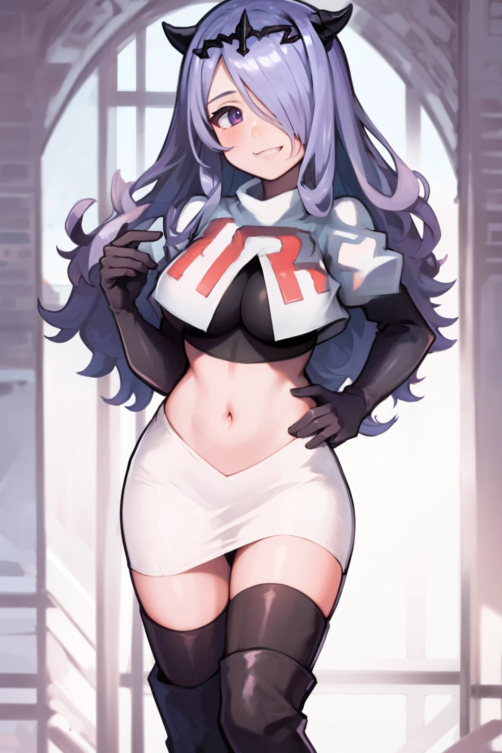 defCamilla, tiara,, team rocket uniform, red letter R, white skirt,white crop top,black thigh-high boots, black elbow gloves, smile, looking at viewer, cowboy shot,