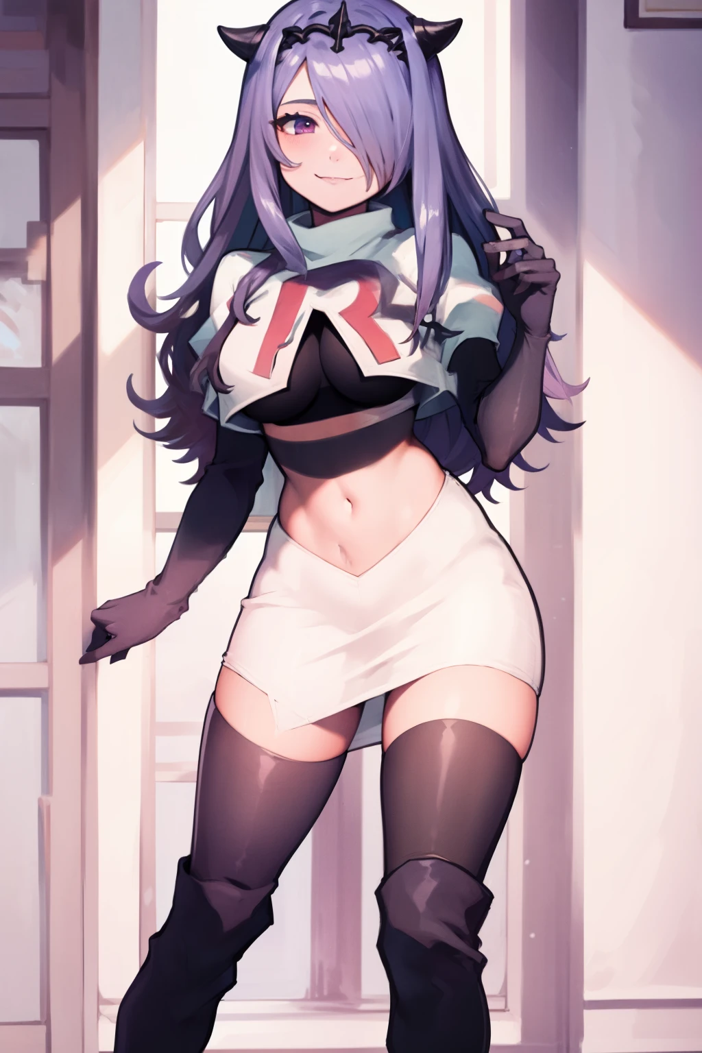 defCamilla, tiara,, team rocket uniform, red letter R, white skirt,white crop top,black thigh-high boots, black elbow gloves, smile, looking at viewer, cowboy shot,