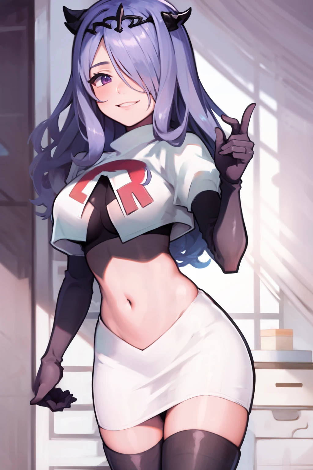 defCamilla, tiara,, team rocket uniform, red letter R, white skirt,white crop top,black thigh-high boots, black elbow gloves, smile, looking at viewer, cowboy shot,