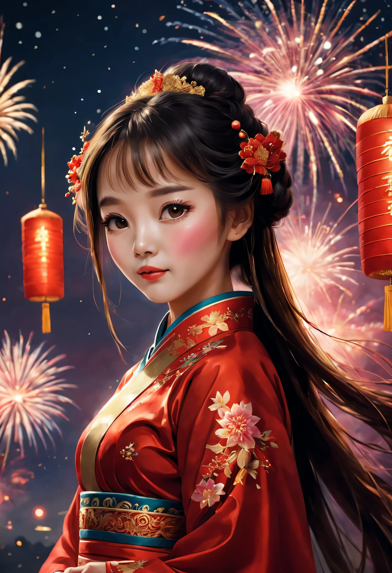 new year 2024，oil painted:（beuaty girl，TRADITIONAL CHINESE COSTUMES：1.2，smilingly，red tint，Gold thread decoration：1.1），springtime，fireworks in the night sky，(Best quality at best,4K,A high resolution,tmasterpiece:1.2),