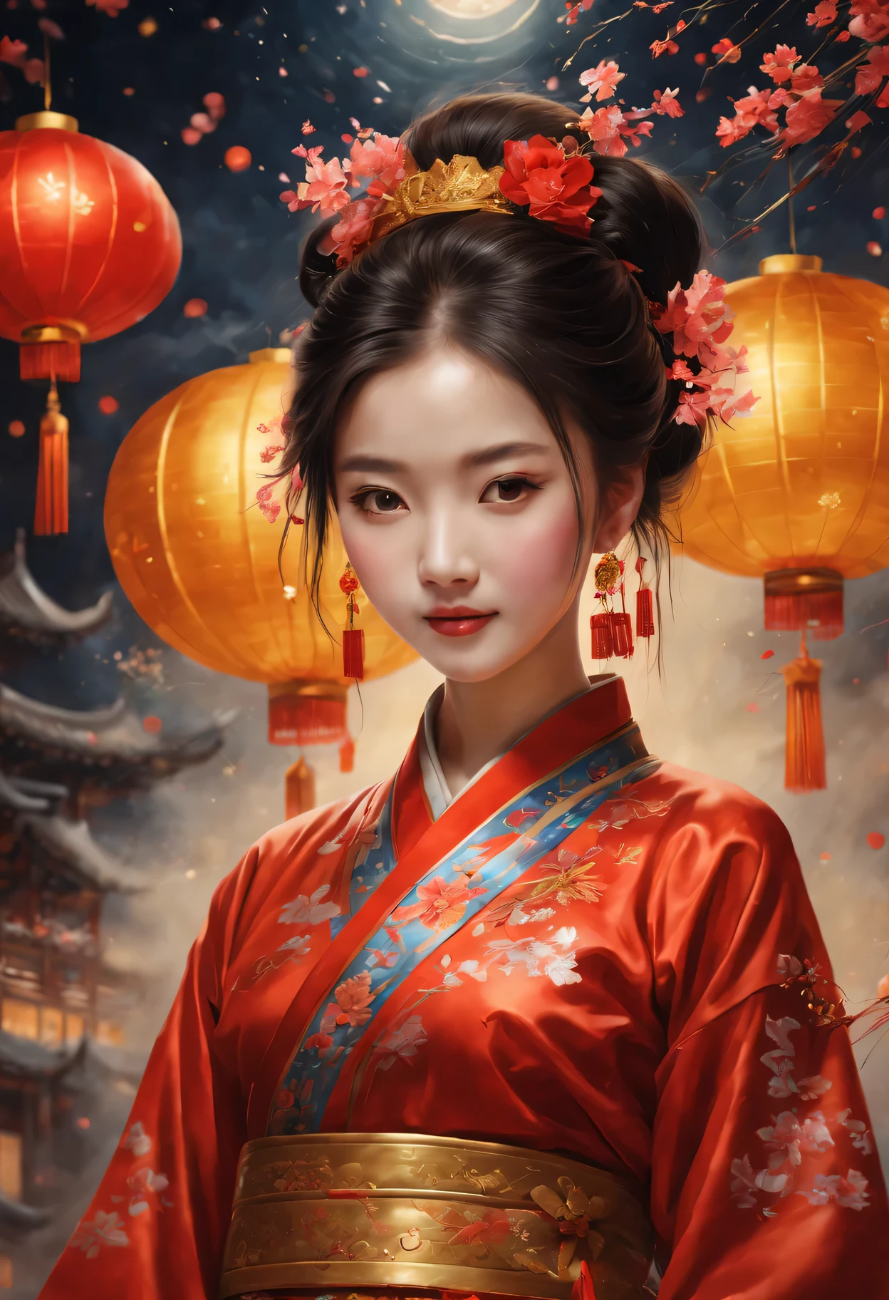 new year 2024，oil painted:（beuaty girl，TRADITIONAL CHINESE COSTUMES：1.2，smilingly，red tint，Gold thread decoration：1.1），springtime，fireworks in the night sky，(Best quality at best,4K,A high resolution,tmasterpiece:1.2),