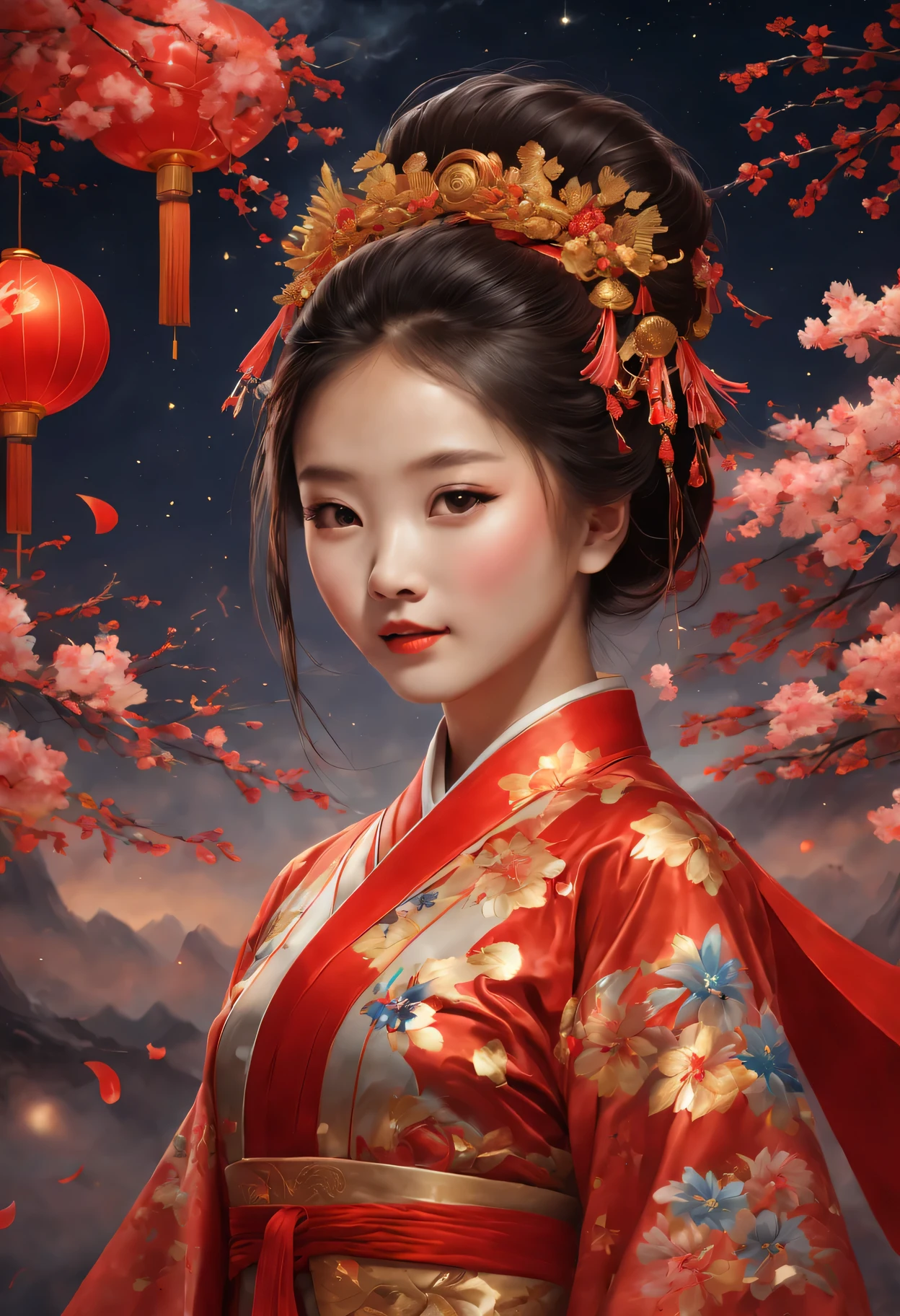 new year 2024，oil painted:（beuaty girl，TRADITIONAL CHINESE COSTUMES：1.2，smilingly，red tint，Gold thread decoration：1.1），springtime，fireworks in the night sky，(Best quality at best,4K,A high resolution,tmasterpiece:1.2),