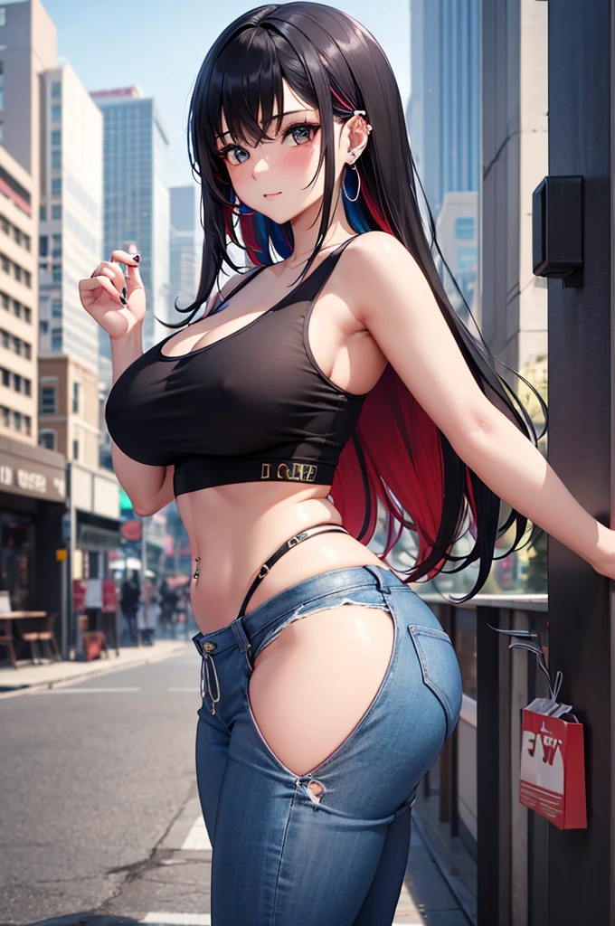 1girl, absurdres, high res, extremely detailed ultrasharp, 8K, masterpiece, city background, looking at viewer, thighs, breasts, big breasts, sideboob, long hair, multicolored hair, makeup, tank top, thong, ear piercings, hair ornament, blush, pants, naked