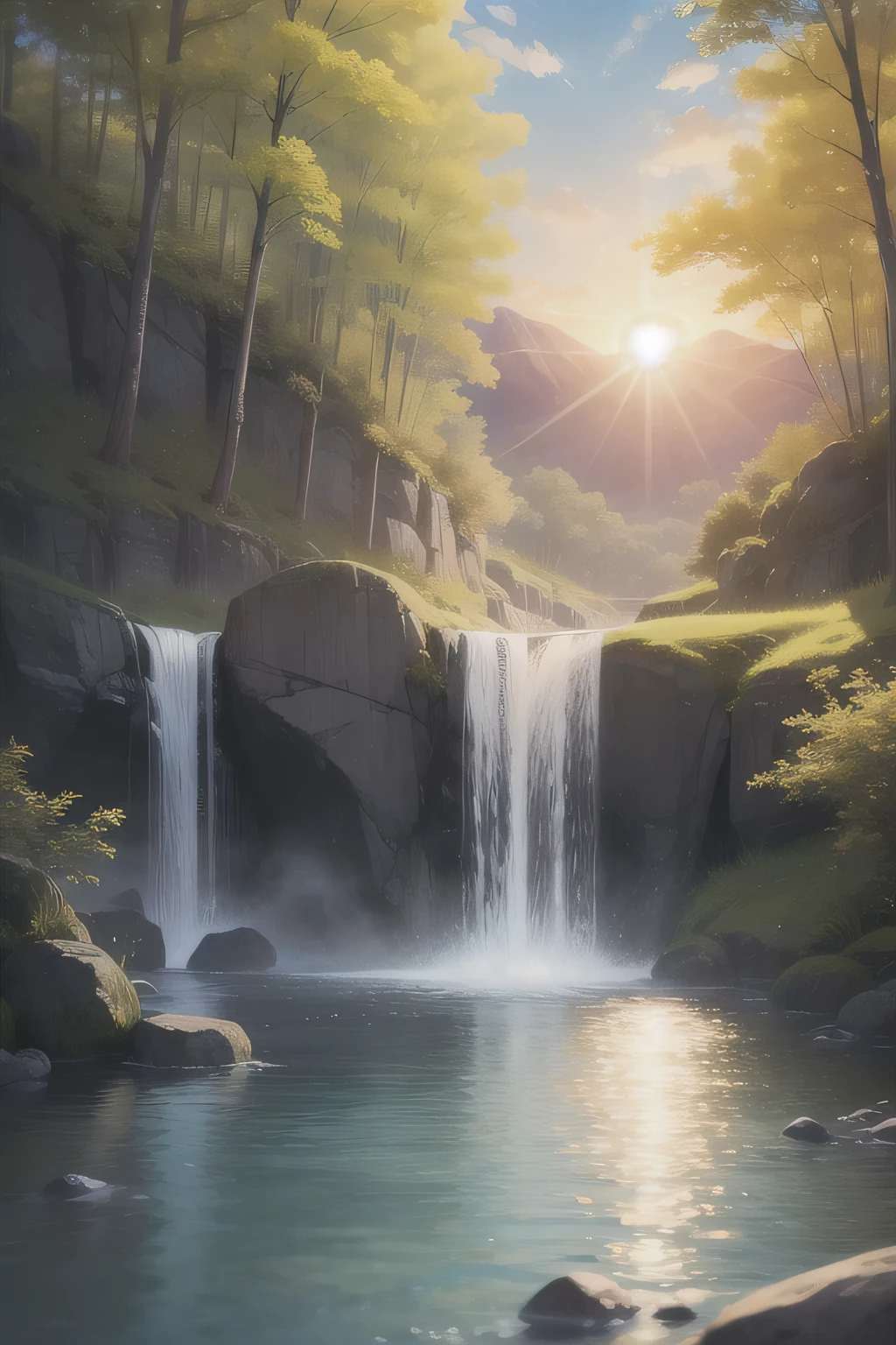 (masterpiece、high-level image quality、hightquality)、heavenly landscape、Mountain of Glory々々、Gently flowing river、The sun is sparkling、The sun is an expression of God、Heat is love、Light is wisdom、the woods、Spiritual Natural World、There is only altruism here、Clear air、