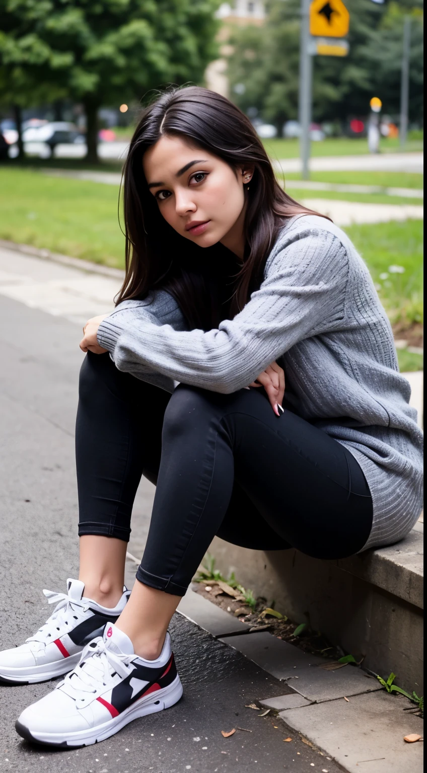 a photo, a 20 year old girl is sitting in a park, The park atmosphere is busy, cool garden, 1girls, long hair, black hair, wearing contact lenses, red contact lenses, perfect face, slim body, wearing sweaters, gray sweater, wearing pants, long pants, black trousers, wearing socks, black socks, wearing sneakers, Black sneakers, high resolution, detailed, realistic,High detailed