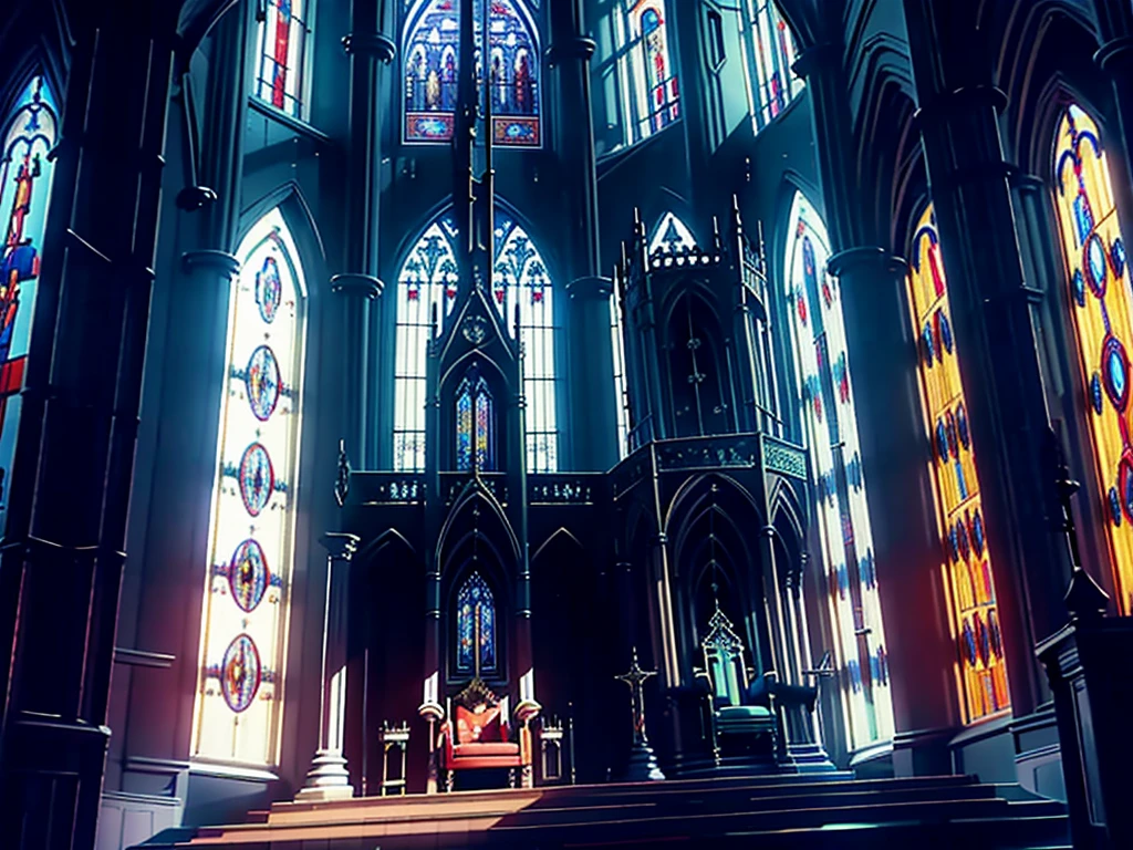from side, from below | low angle, dutch angle, throne room, stained-glass window at the back, tall archways, raised throne on raised platform, throne on dais, lightrays coming through the windows, eerie queen sitting regally with a blade resting on her lap