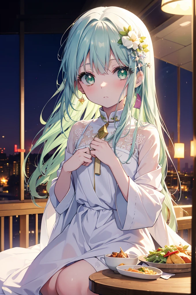 index, index, (Green eyes:1.5), Blue hair, Long hair, (flat chest:1.2),Upper body,Floral hair ornament， fullllbody,Romper，White furisode，a miniskirt，Zuri，Girl eating food，at a table，restaurant open terrace，The sun begins to rise，Sunrise，Happy atmosphere，幸せそう
Romper (masutepiece:1.2), Best Quality, High resolution, Unity 8k壁纸, (Illustration:0.8), (Beautiful detailed eyes:1.6), extra detailed face, Perfect Lighting, extremely details CG, (Perfect hands, Perfect Anatomy),